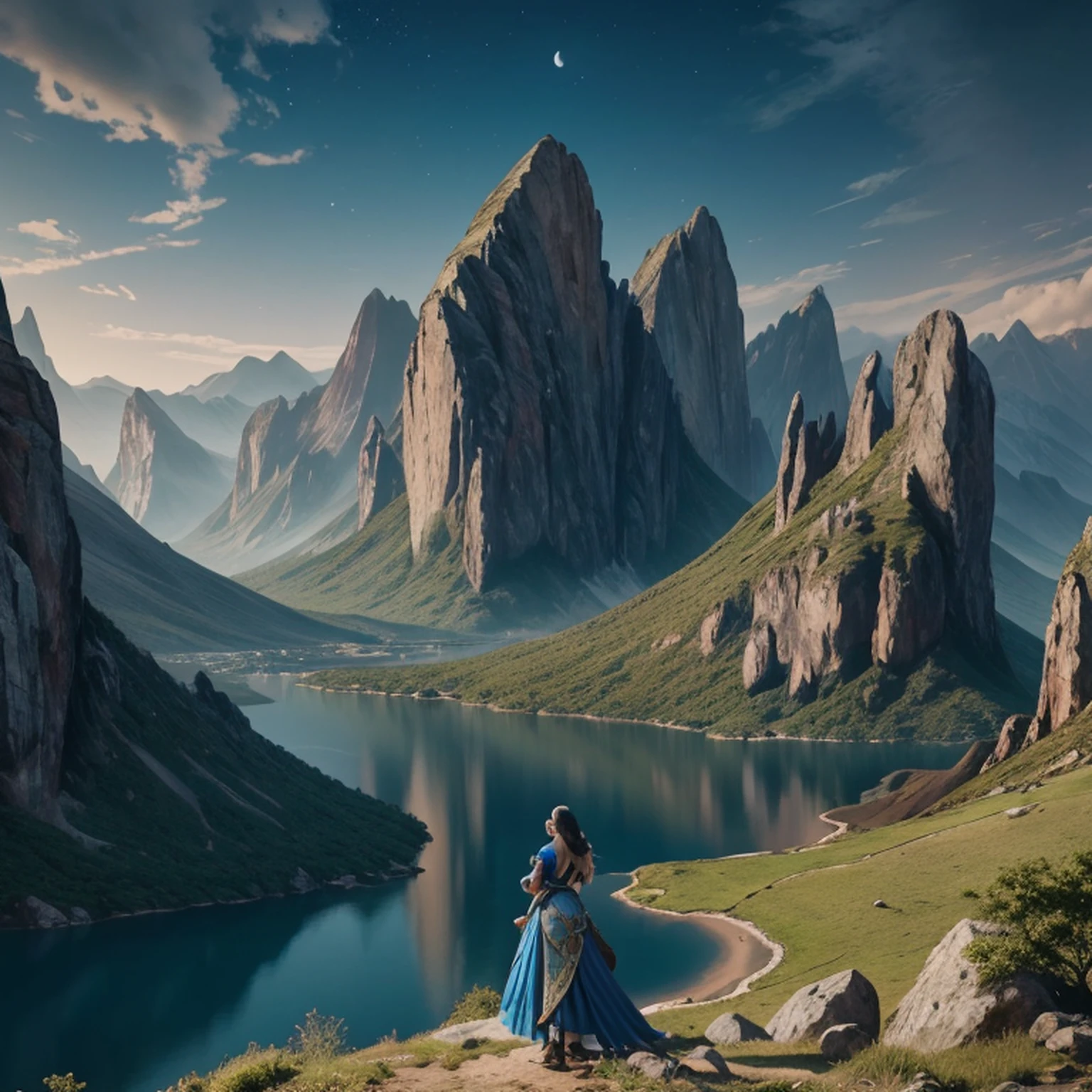 uma mulher em um vestido prateado e azul, corpo inteiro, arte de fantasia detalhada, arte de personagem impressionante, epic and exquisite character art, bela armadura da rainha, arte extremamente detalhada 8k, numa paisagem extremamente detalhada 8k, mountains and a lake with a moon in the sky, 4k arte digital altamente detalhada, muito detalhado, paisagem de fantasia impressionante, Epic landscape of dreamlike fantasy 4K, 8k arte impressionante