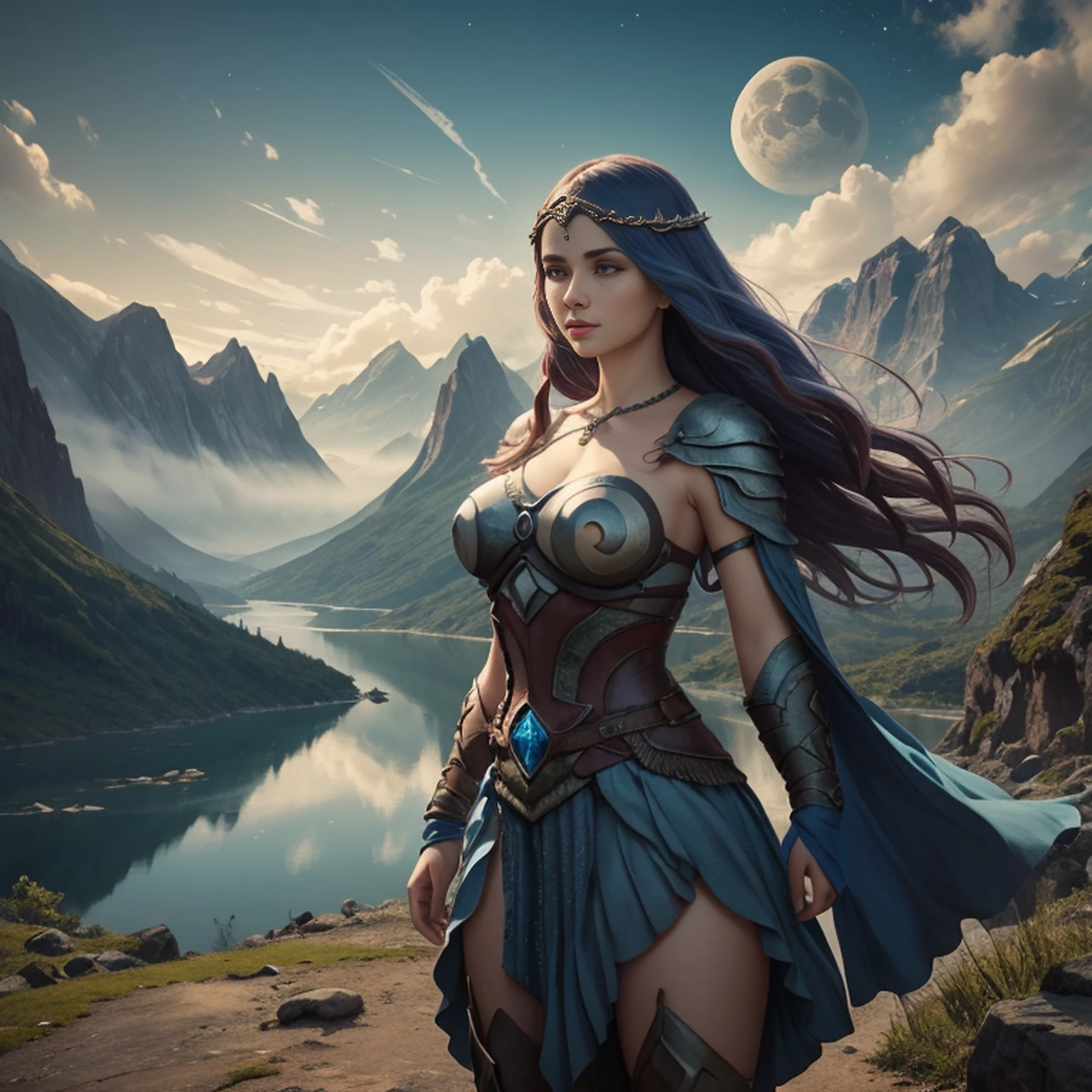 uma mulher em um vestido prateado e azul, corpo inteiro, arte de fantasia detalhada, arte de personagem impressionante, epic and exquisite character art, bela armadura da rainha, arte extremamente detalhada 8k, numa paisagem extremamente detalhada 8k, mountains and a lake with a moon in the sky, 4k arte digital altamente detalhada, muito detalhado, paisagem de fantasia impressionante, Epic landscape of dreamlike fantasy 4K, 8k arte impressionante