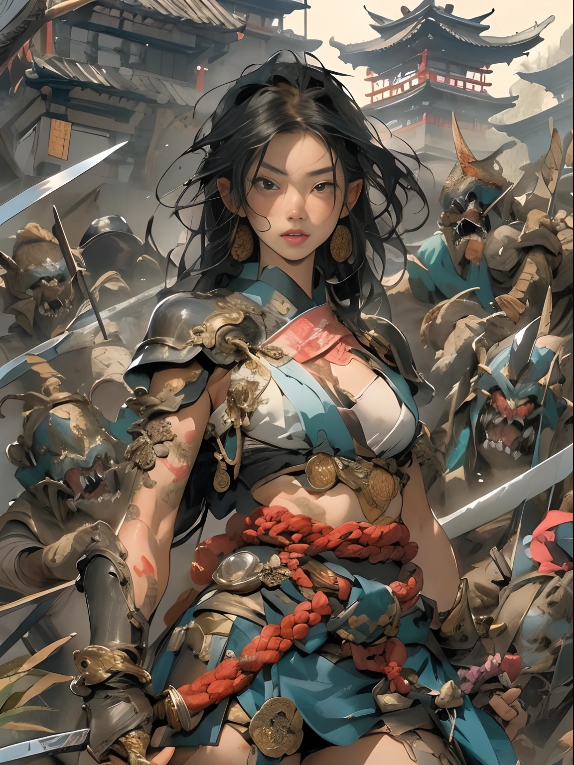 (((woman))), (((best qualityer))), (((tmasterpiece))), (((AS-Adult))), ((( Japanese ))), Look up from your knees, A beautiful asian samurai woman with perfect body, Modern samurai, ((( Asian))), Wear gloves on your hands,The left arm is made of steel and metal tips,Made of protective devices, The eyes are pulled, (( Appears below the breast )), (( Small dental floss )), Simon Bisley, Almost naked(Simon Bisley)Castle City Wilderness,For high-resolution posters, hair straight, Minimum clothing, armure (Crazy clothes ), Full of tips and rivets, tribal tattoos, (((full bodyesbian))), Straight brunette hair,Colored hair ends