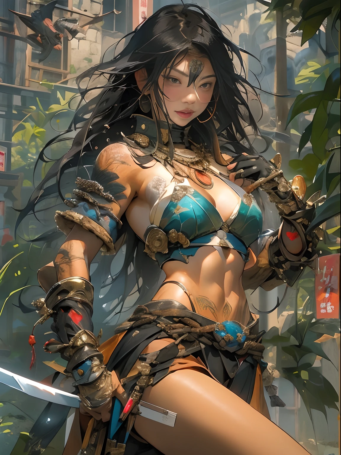 (((woman))), (((best qualityer))), (((tmasterpiece))), (((AS-Adult))), ((( Japanese ))), Look up from your knees, A beautiful asian samurai woman with perfect body, Modern samurai, ((( Asian))), Wear gloves on your hands,The left arm is made of steel and metal tips,Made of protective devices, The eyes are pulled, (( Appears below the breast )), (( Small dental floss )), Simon Bisley, Almost naked(Simon Bisley)Castle City Wilderness,For high-resolution posters, hair straight, Minimum clothing, armure (Crazy clothes ), Full of tips and rivets, tribal tattoos, (((full bodyesbian))), Straight brunette hair,Colored hair ends
