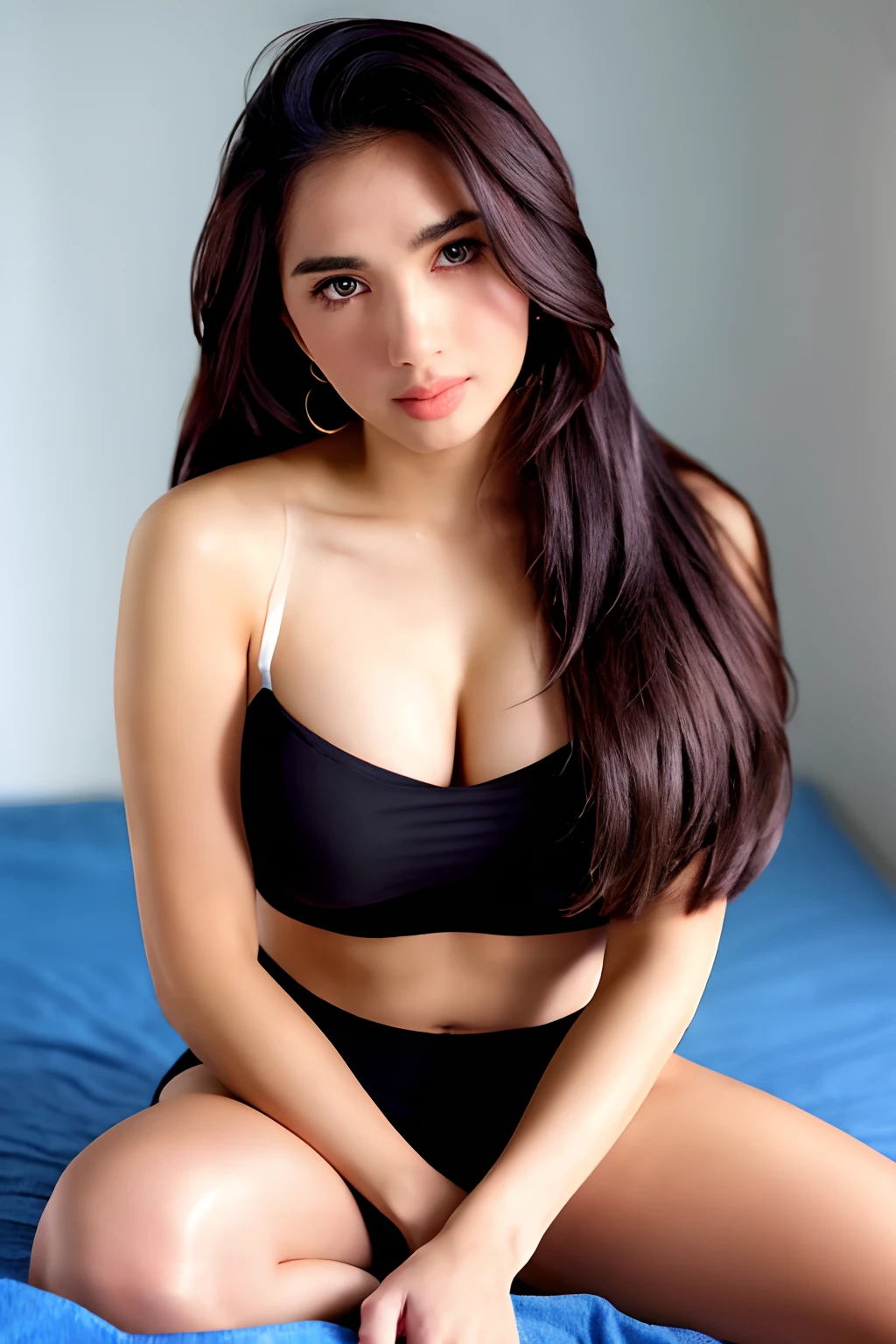 Angel, as a sexy TikTok influencer, (sitting on a bed), modelshoot style, (extremely detailed CG unity 8k wallpaper), photo of the most beautiful artwork in the world, professional majestic (photography by Steve McCurry), 8k uhd, dslr, soft lighting, high quality, film grain, Fujifilm XT3 sharp focus, f 5.6, High Detail, Sharp focus, dramatic, croptop, good hand, (looking at viewer:1.2), (detailed pupils:1.3), (natural light), (closeup:1.2), (seductive)