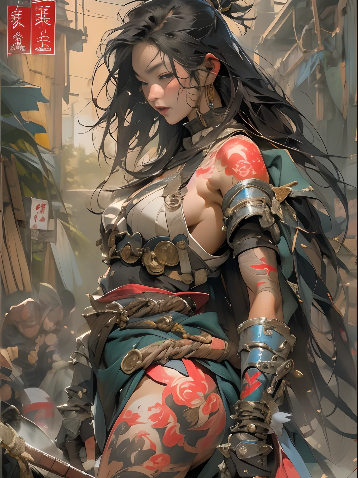 (((woman))), (((best qualityer))), (((tmasterpiece))), (((AS-Adult))), ((( Japanese ))), Look up from your knees, A beautiful asian samurai woman with perfect body, Modern samurai, ((( Asian))), Wear gloves on your hands,The left arm is made of steel and metal tips,Made of protective devices, The eyes are pulled, (( Appears below the breast )), (( Small dental floss )), Simon Bisley, Almost naked(Simon Bisley)Castle City Wilderness,For high-resolution posters, hair straight, Minimum clothing, armure (Crazy clothes ), Full of tips and rivets, tribal tattoos, (((full bodyesbian))), Straight brunette hair,Colored hair ends
