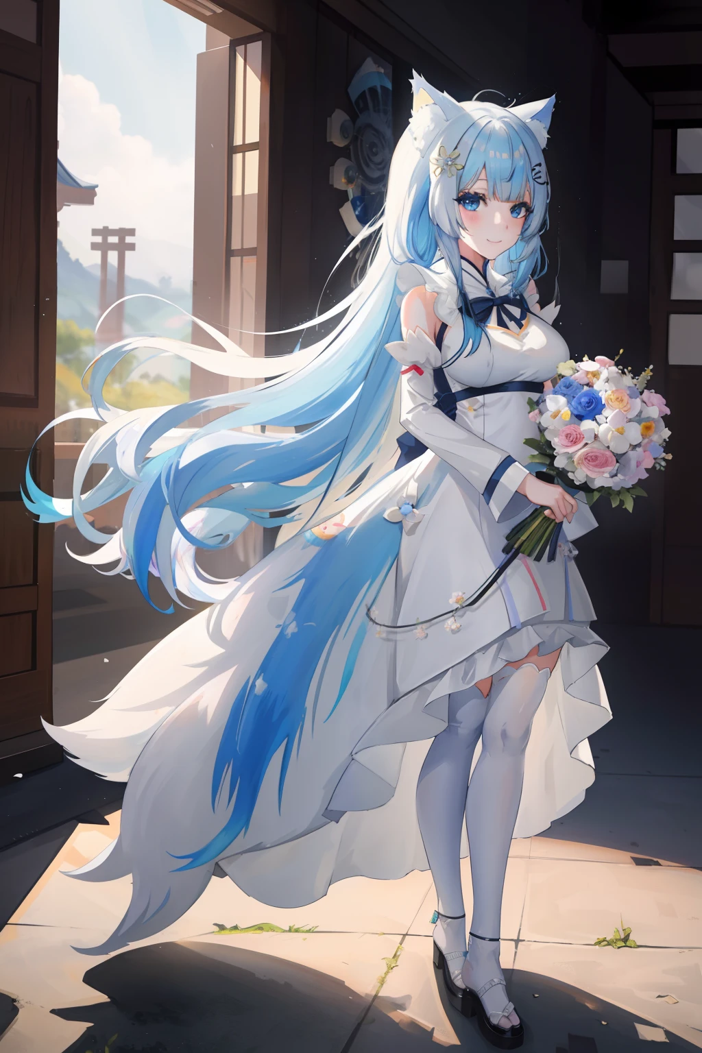 a close up of a woman in a dress with a bouquet of flowers, cute anime waifu in a nice dress, **** in dress, anime girl cosplay, anime goddess, anime cosplay, hatsune miku cosplay, trending on artstation pixiv, anime barbie in white, artwork in the style of guweiz, guweiz on artstation pixiv, anime girl in white dress with blue hair and a cat tail, holo if a wolf girl, full body adoptable, holo is a wolf girl, kitsune inspired armor, character adoptable, full body xianxia, white - haired fox, lunar themed attire, fullbody commission for, hestia, anime goddess, female anthropomorphic wolf, in the plains looking back with a Beautiful smile