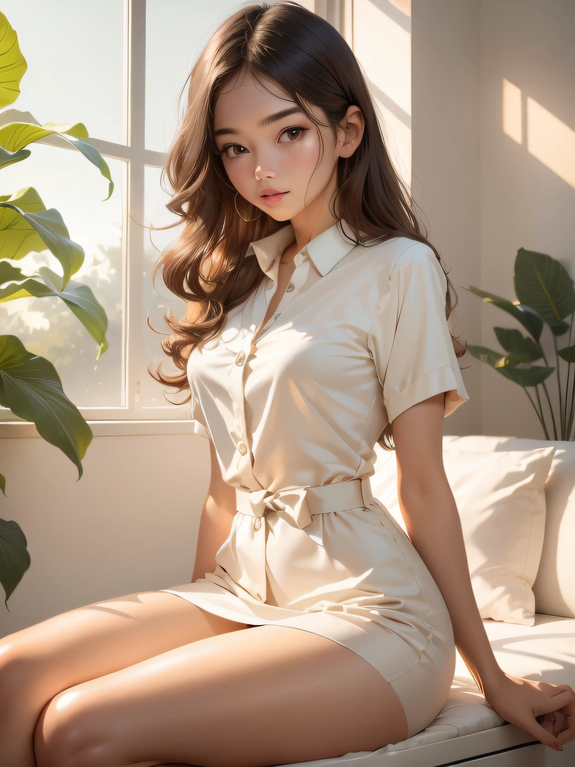 extremely high quality, extremely high quality, master part, sozinho, profundidade de campo, delicate and moist skin girl, delicate and beautiful facial features, lente de corpo inteiro, office work suit, saia de terno, figura perfeita, random office equipment, CG requintado, lindo destaque, Cristalina, sunlight through the window, Beautiful, encantador, shining, perfeito, ultra-claro, 16k
