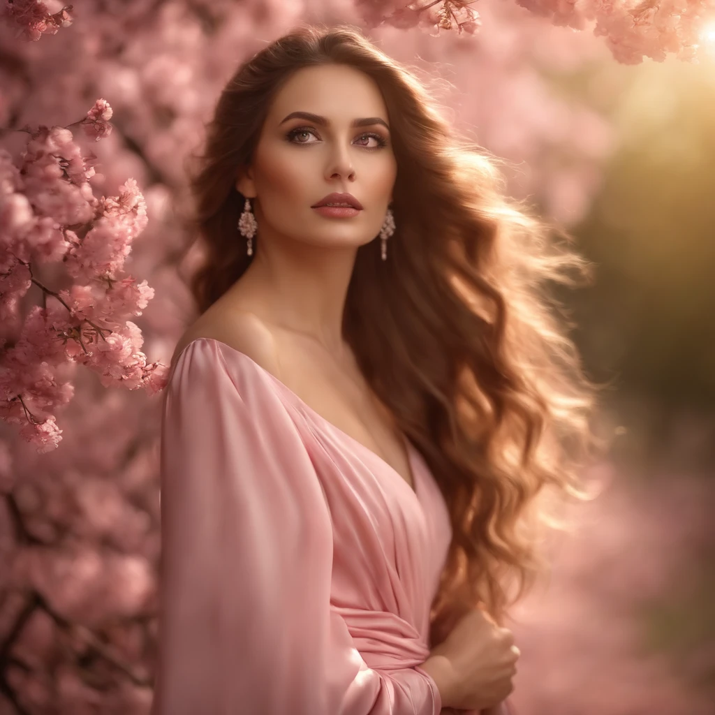 A woman in a light pink dress standing in a cherry forest, Artgerm, paisagem realista, Artgerm detalhado, olhos perfeitos, rosto perfeito, Ultra Detalhado, tiro de corpo inteiro, (Skindentation: 1.5), realista, realista, (obra-prima: 1.5), arte conceitual, detalhes intrincados, altamente detalhado, realista, octane rendering, 8K, motor irreal, dinamic pose, melhor qualidade, alta resolução, (rosto realista: 1.1), (hiper-realismo: 1.1) , ((full_body)), olhos perfeitos, (pele brilhante: 1.2), ((penteado))), ((perfect hands))), (fundo muito detalhado), ((dynamic background), ((lightning), (lightning), ((1girl)), Vestindo um manto, (((Manto de fluxo))), ((Olhos detalhados, Olhos de alta qualidade, Rosto de alta qualidade)), vestido rosa claro extremamente complexos, magical robes), casting lightning, eletricidade, spinning flame, radiation, spark, smoke, magia, (dramatic), epic, campo de batalha, profundidade de campo, bokeh, 4k, gotica, cinzas, particules.