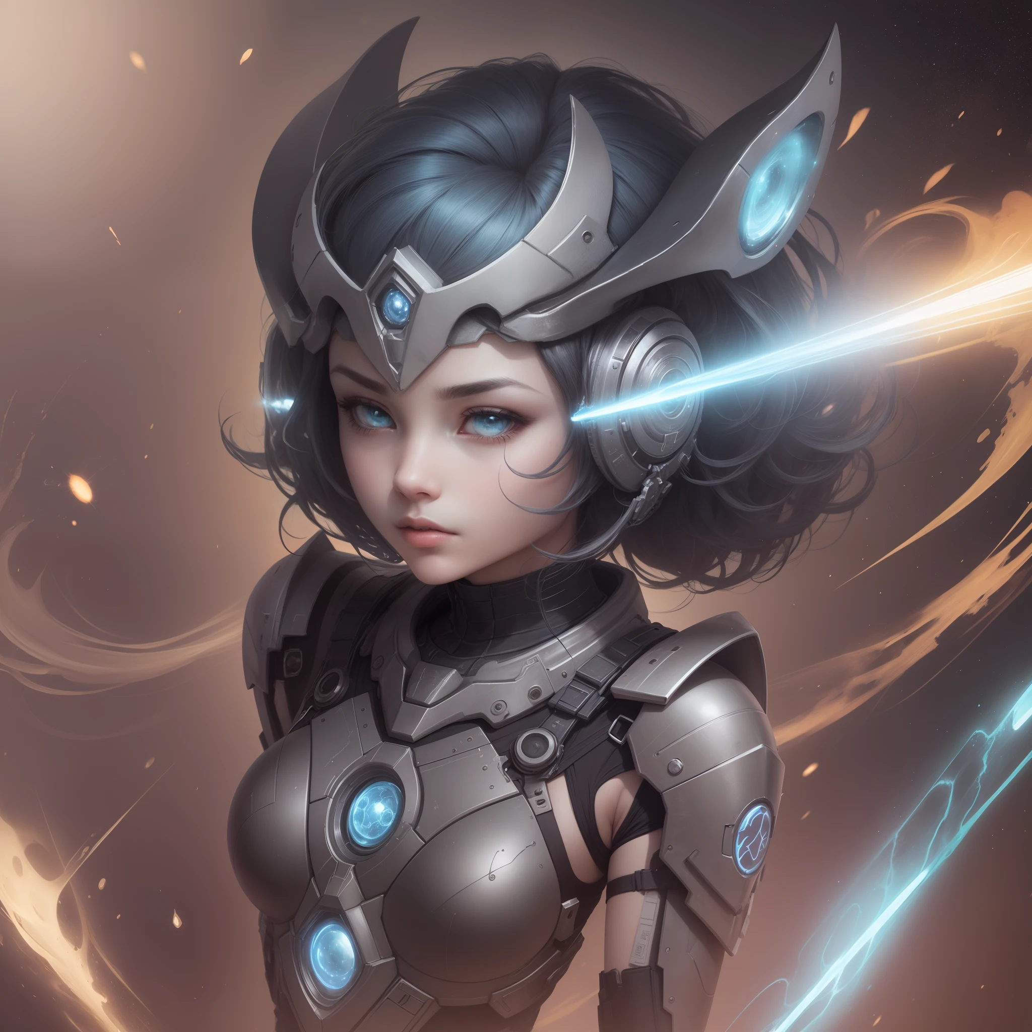 Luminia es un androide interestelar con una piel de tono plateado iridiscente y cabello de hilos luminosos en constante cambio de color. It is equipped with advanced technological armor that adapts to its shape, along with a versatile energy sword. Its mission is to explore the cosmos in search of wisdom and protect vulnerable beings., Being an icon of hope in infinite space.