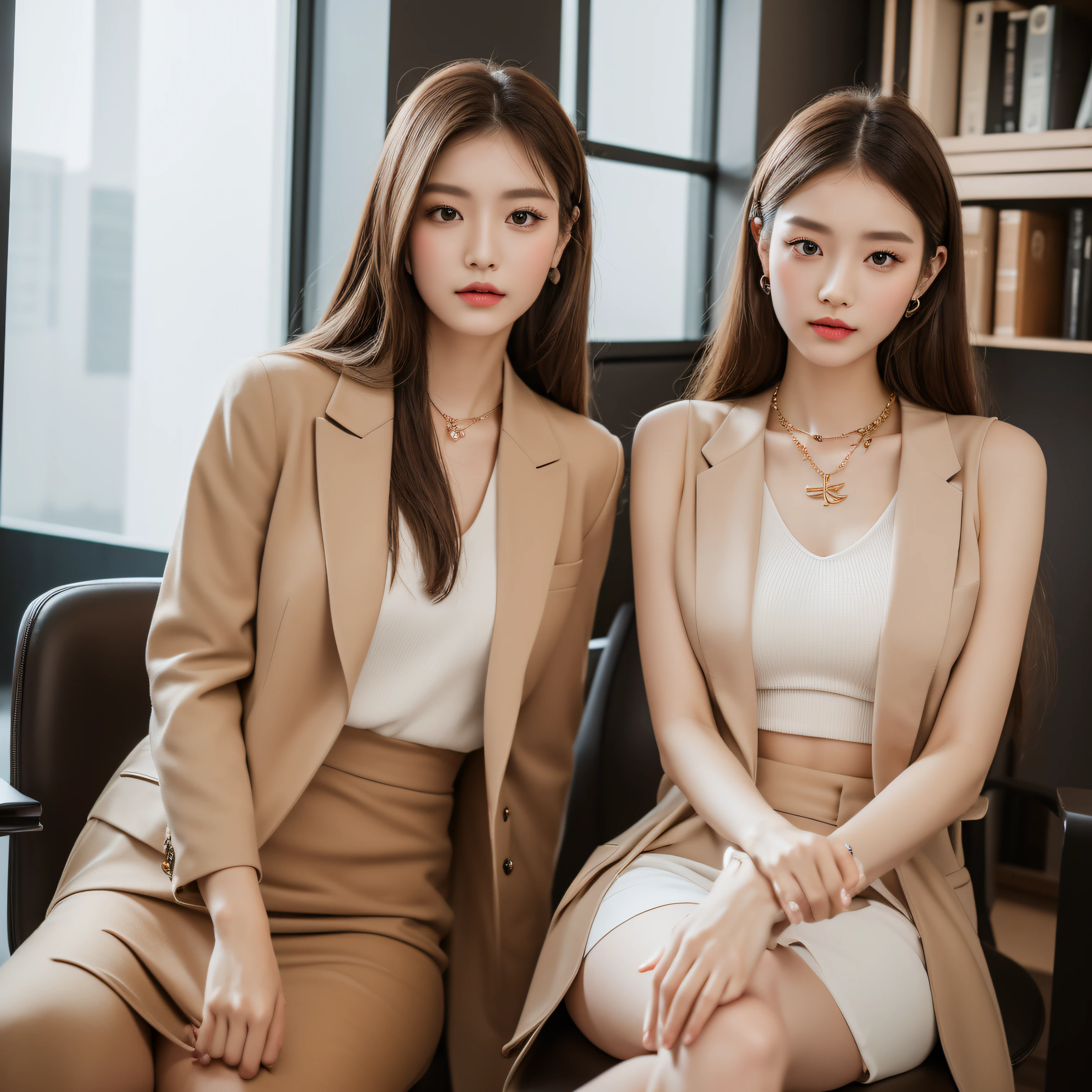 (Best quality, 8k, 32k, Masterpiece, UHD:1.2), Photo of pretty woman, 1girl, (medium-long dark brown hair), Double eyelid, Thin beige suit jacket, white tank top, brown skirt, necklace with small charm, sitting on office chair