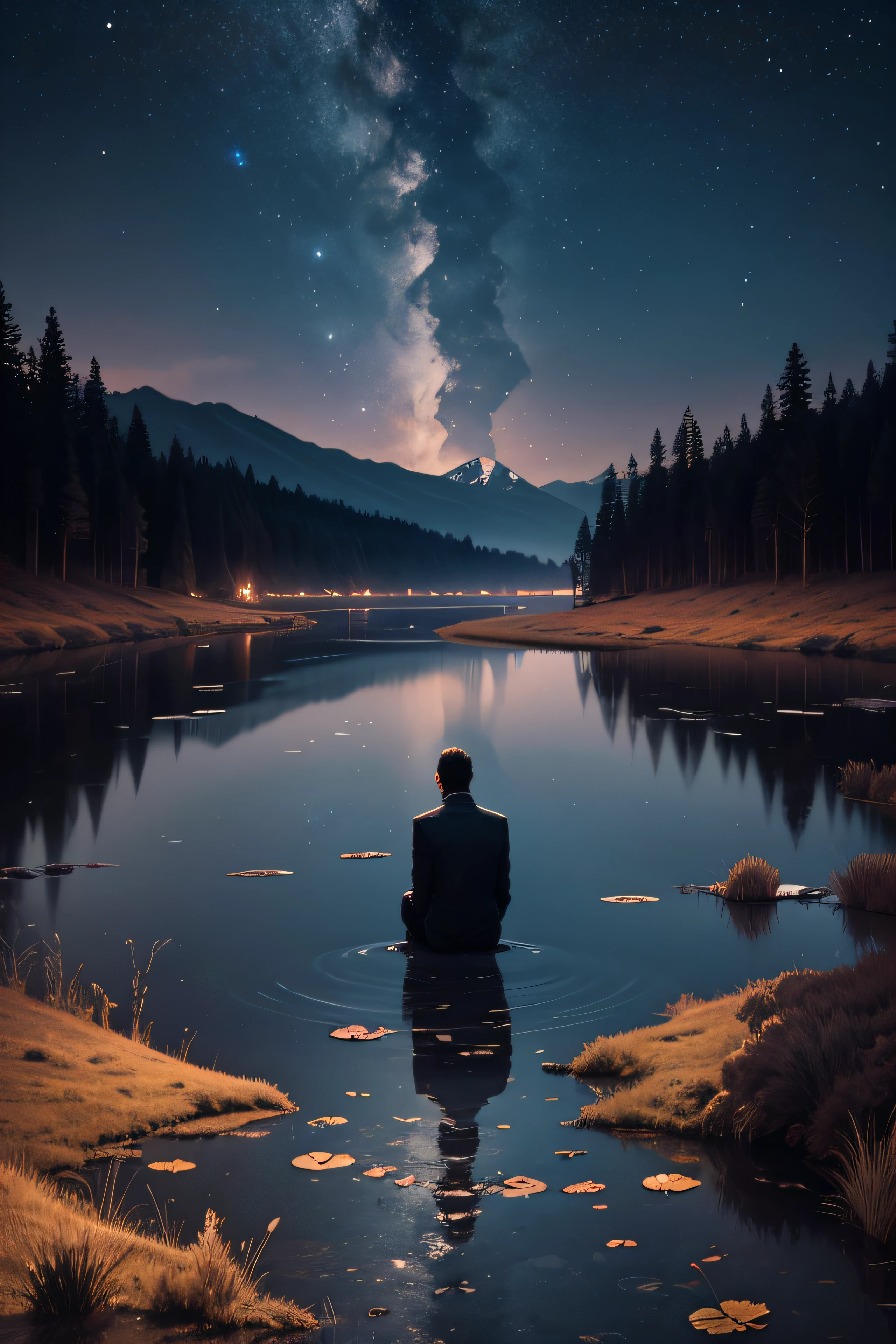 lonely man, staring at the nightsky, in a river lake