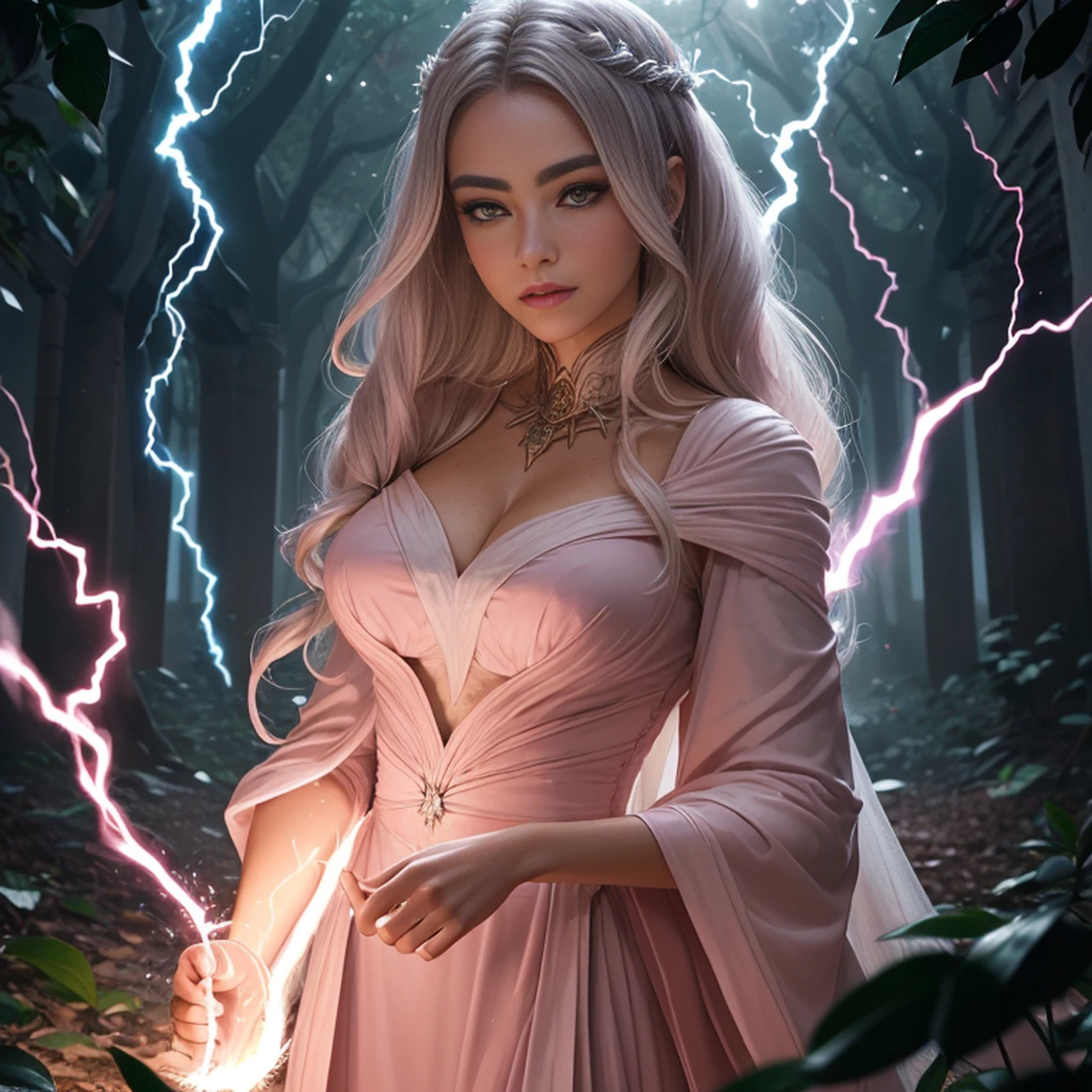 A woman in a light pink dress standing in a cherry forest, Artgerm, paisagem realista, Artgerm detalhado, olhos perfeitos, rosto perfeito, Ultra Detalhado, tiro de corpo inteiro, (Skindentation: 1.5), realista, realista, (obra-prima: 1.5), arte conceitual, detalhes intrincados, altamente detalhado, realista, octane rendering, 8K, motor irreal, dinamic pose, melhor qualidade, alta resolução, (rosto realista: 1.1), (hiper-realismo: 1.1) , ((full_body)), olhos perfeitos, (pele brilhante: 1.2), ((penteado))), ((perfect hands))), (fundo muito detalhado), ((dynamic background), ((lightning), (lightning), ((1girl)), Vestindo um manto, (((Manto de fluxo))), ((Olhos detalhados, Olhos de alta qualidade, Rosto de alta qualidade)), vestido rosa claro extremamente complexos, magical robes), casting lightning, eletricidade, spinning flame, radiation, spark, smoke, magia, (dramatic), epic, campo de batalha, profundidade de campo, bokeh, 4k, gotica, cinzas, particules.