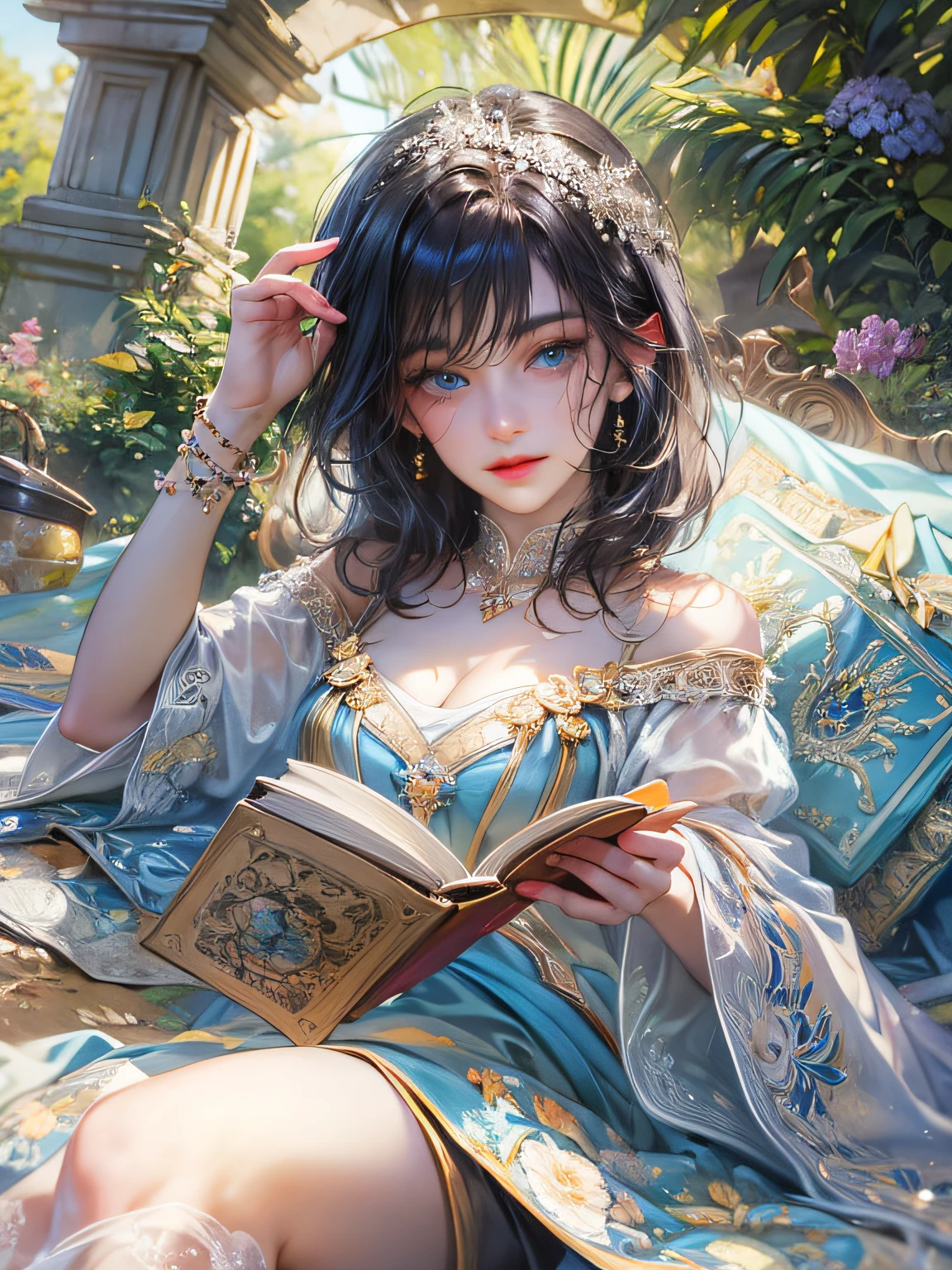 (absurdres, highres, ultra detailed, HDR), masterpiece, best quality, a mature heroine, detailed face, beautiful face with decorative detailed (black short hair with fringe) (blue eyes), blue details , laying on a white picnic mat reading book with curtains in celestial palace garden, detailed character, detailed celestial place of goddess, laplace, fantasy, sunlight, detailed light, detailed shadow, detailed backdrop