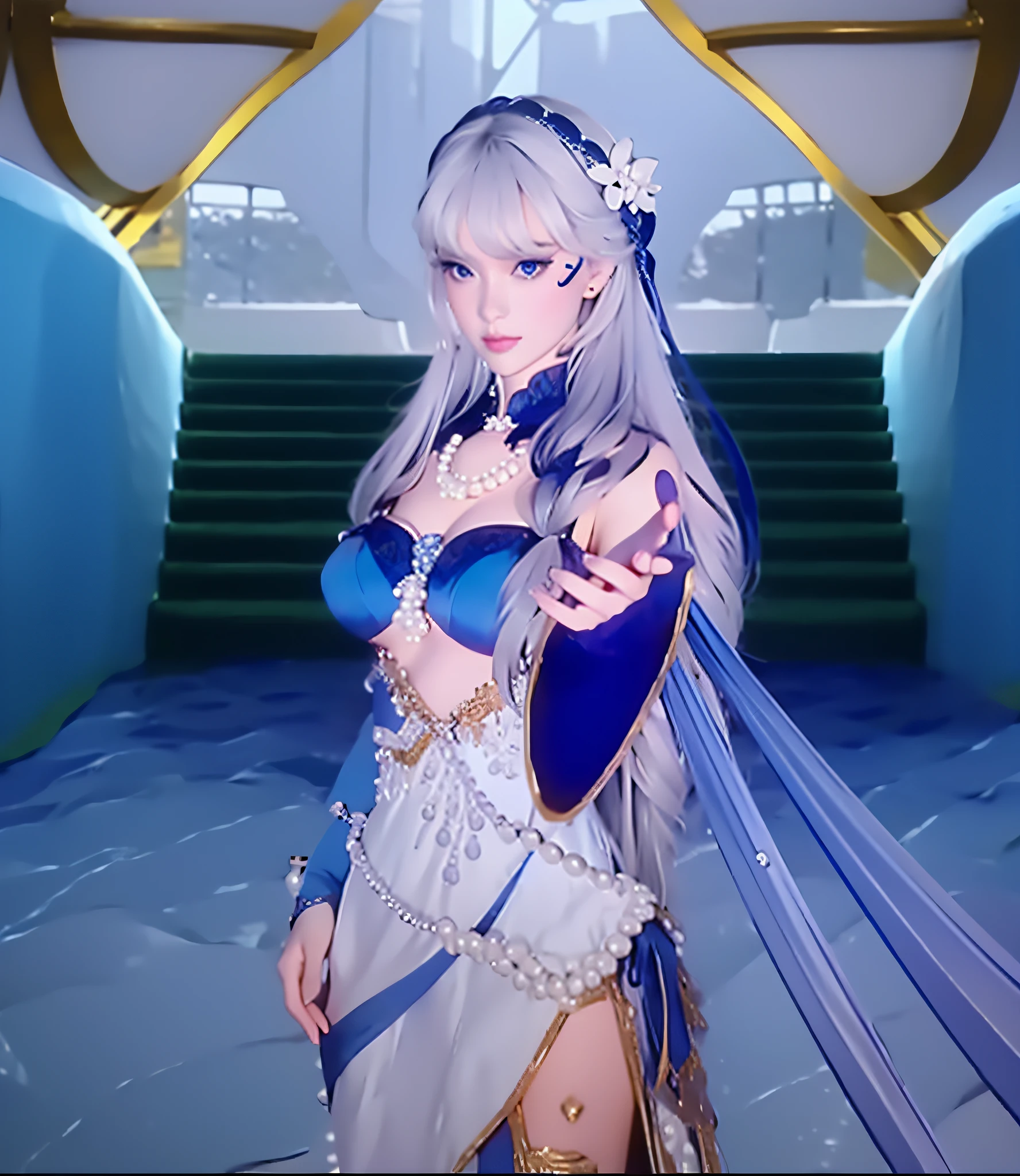 white long hair, pearl necklace, wearing blue navy dress elegant, hands reach forward, glare expression, staring intently, sea goddess headband, blue nails, photorealistic, masterpiece