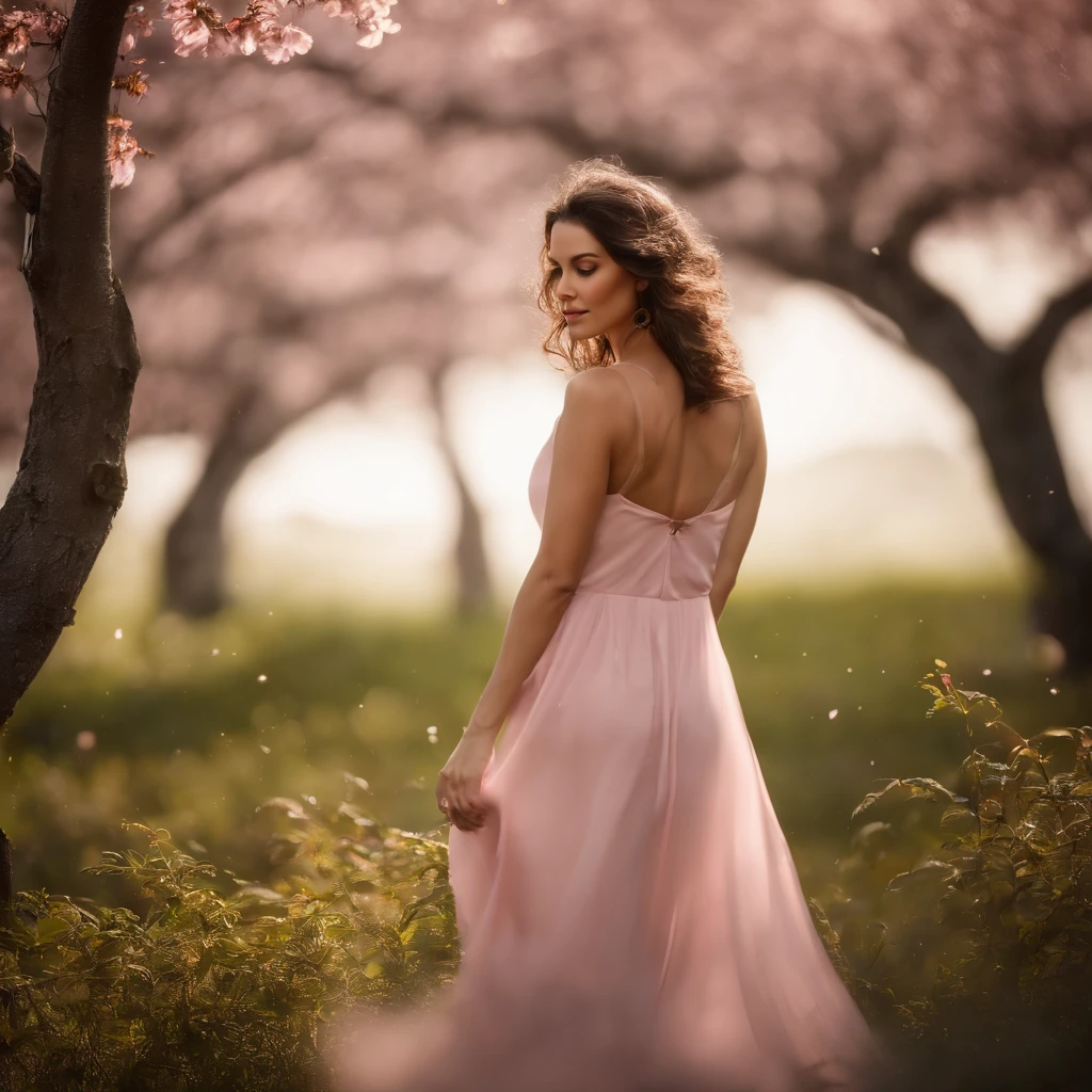 A woman in a light pink dress standing in a cherry forest, Artgerm, paisagem realista, Artgerm detalhado, olhos perfeitos, rosto perfeito, Ultra Detalhado, tiro de corpo inteiro, (Skindentation: 1.5), realista, realista, (obra-prima: 1.5), arte conceitual, detalhes intrincados, altamente detalhado, realista, octane rendering, 8K, motor irreal, dinamic pose, melhor qualidade, alta resolução, (rosto realista: 1.1), (hiper-realismo: 1.1) , ((full_body)), olhos perfeitos, (pele brilhante: 1.2), ((penteado))), ((perfect hands))), (fundo muito detalhado), ((dynamic background), ((lightning), (lightning), ((1girl)), Vestindo um manto, (((Manto de fluxo))), ((Olhos detalhados, Olhos de alta qualidade, Rosto de alta qualidade)), vestido rosa claro extremamente complexos, magical robes), casting lightning, eletricidade, spinning flame, radiation, spark, smoke, magia, (dramatic), epic, campo de batalha, profundidade de campo, bokeh, 4k, gotica, cinzas, particules.