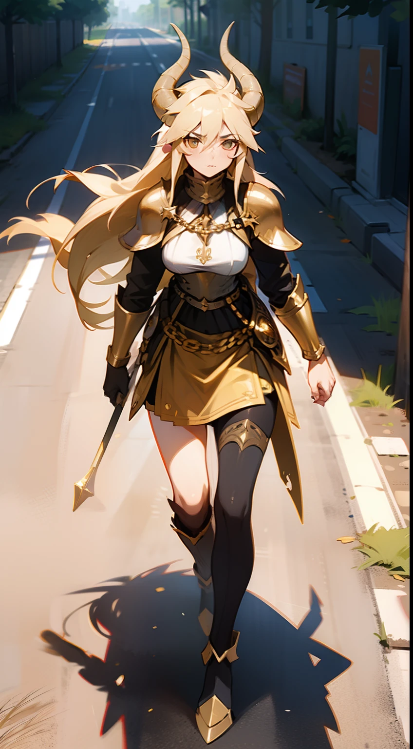 1girl,20s,cow horns,long hair,solo,templar golden knight outfit,knight, golden long chainmail skirt,road,neutral face,walking in the road