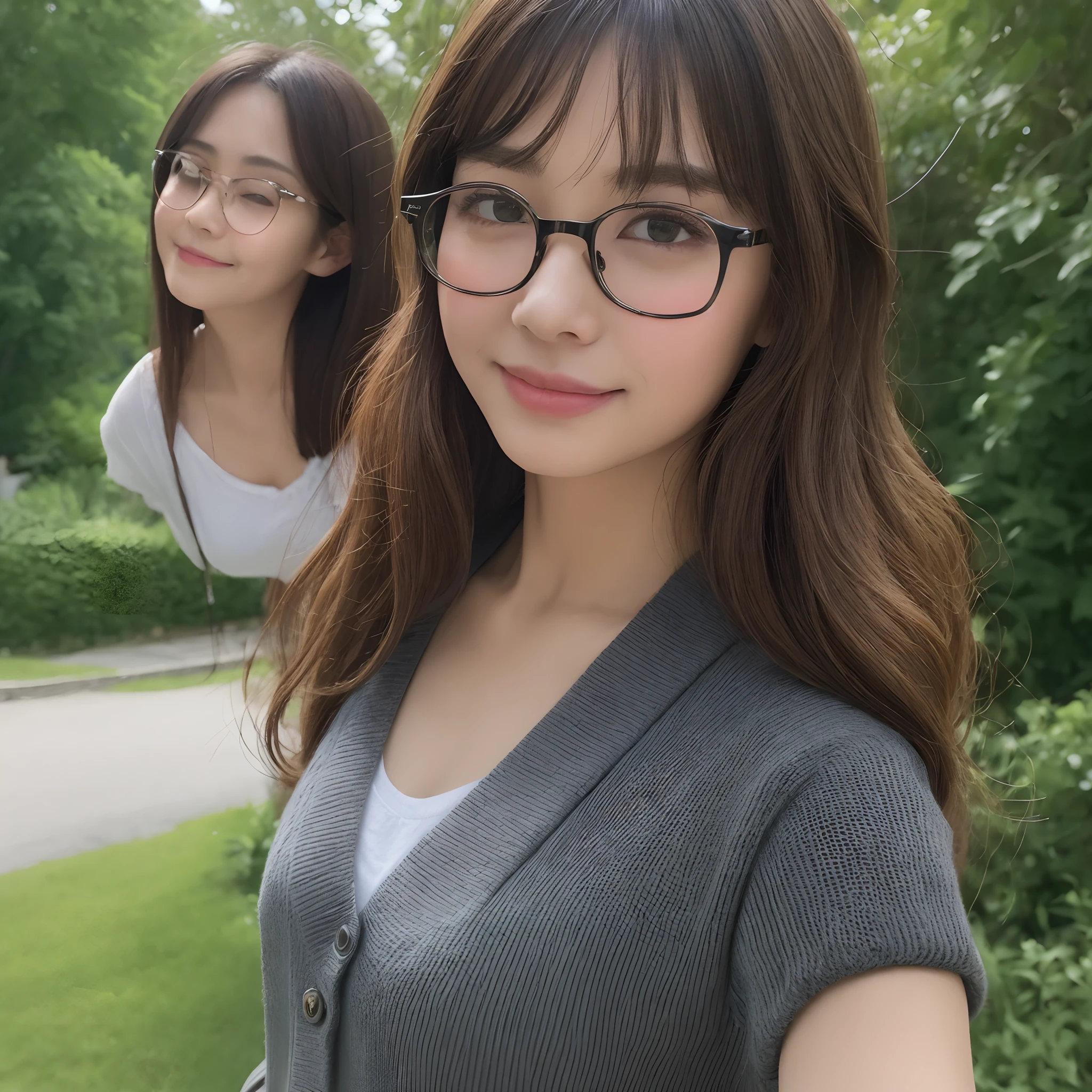 ((top-quality、8K、​masterpiece:1.3))、voluptuous woman、eye glasses、((女の子1人))、Away from the shoulders、Colossal tits:1.3、(Firm abs、slender figures:1.1)、A smile、dark brown hair、(outside of house、Gray cardigan、Shorts:1.1)、hyperdetailed face、Detailed lips、A detailed eye、二重まぶた