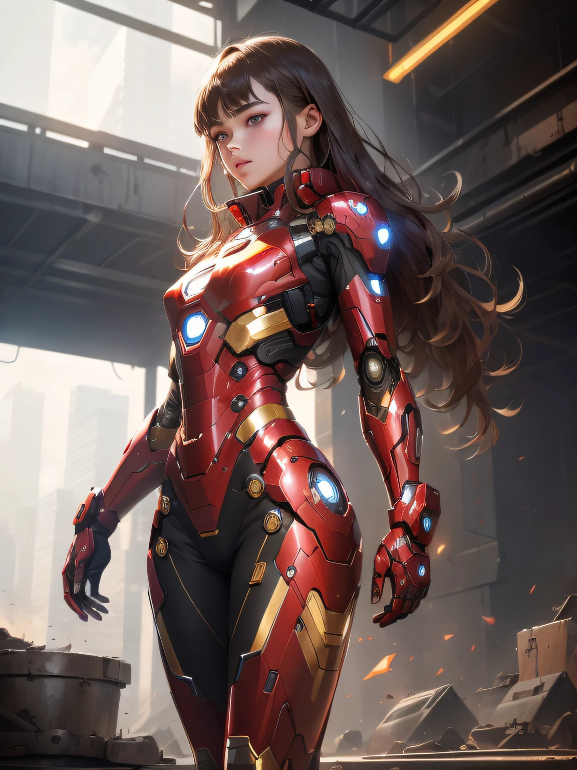 (1girl: 1.3), solo, __body-parts__, official art, unity 8k wallpaper, ultra detailed, beautiful and aesthetic, beautiful, masterpiece, best quality, RAW, masterpiece, super thin photo, best quality, super high resolution, photorealistic, sunlight, full body portrait, incredibly beautiful,, dynamic pose, delicate face, vibrant eyes, (side view), she is wearing a futuristic Iron Man mech, red and gold, Highly detailed abandoned warehouse background, detailed face, complex background detailed busy, messy, gorgeous, milky, highly detailed skin, realistic skin details, visible pores, sharp focus, volumetric mist, 8k uhd, DSLR camera, high quality, film grain, light skin, photorealism, lomography, expanding metropolis in a futuristic dystopia, view from below, translucent