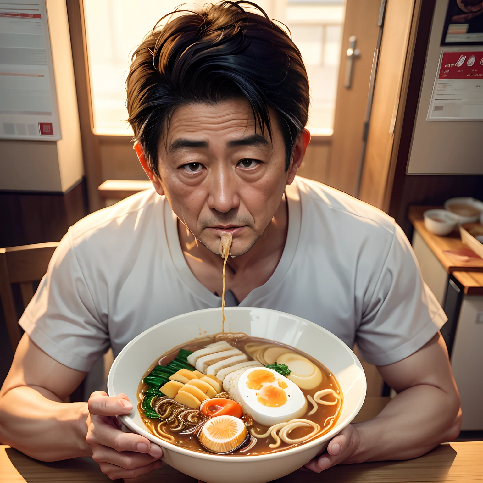 Abe Shinzo, eating ramen noodle