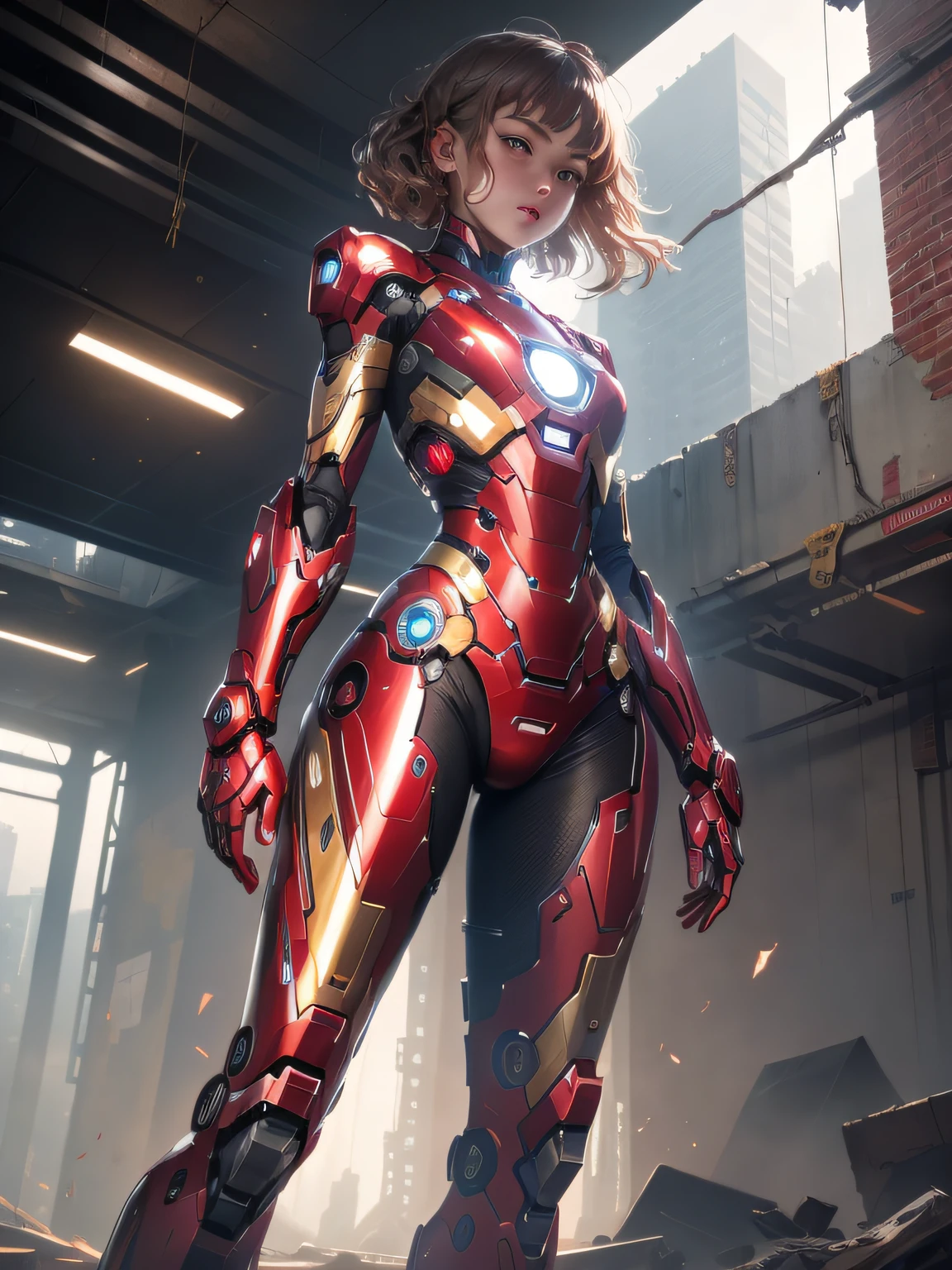 (1girl: 1.3), solo, __body-parts__, official art, unity 8k wallpaper, ultra detailed, beautiful and aesthetic, beautiful, masterpiece, best quality, RAW, masterpiece, super thin photo, best quality, super high resolution, photorealistic, sunlight, full body portrait, incredibly beautiful,, dynamic pose, delicate face, vibrant eyes, (side view), she is wearing a futuristic Iron Man mech,  red and gold, Highly detailed abandoned warehouse background, detailed face, complex background detailed busy, messy, gorgeous, milky, highly detailed skin, realistic skin details, visible pores, sharp focus, volumetric mist, 8k uhd, DSLR camera, high quality, film grain, light skin, photorealism, lomography, expanding metropolis in a futuristic dystopia, view from below, translucent
