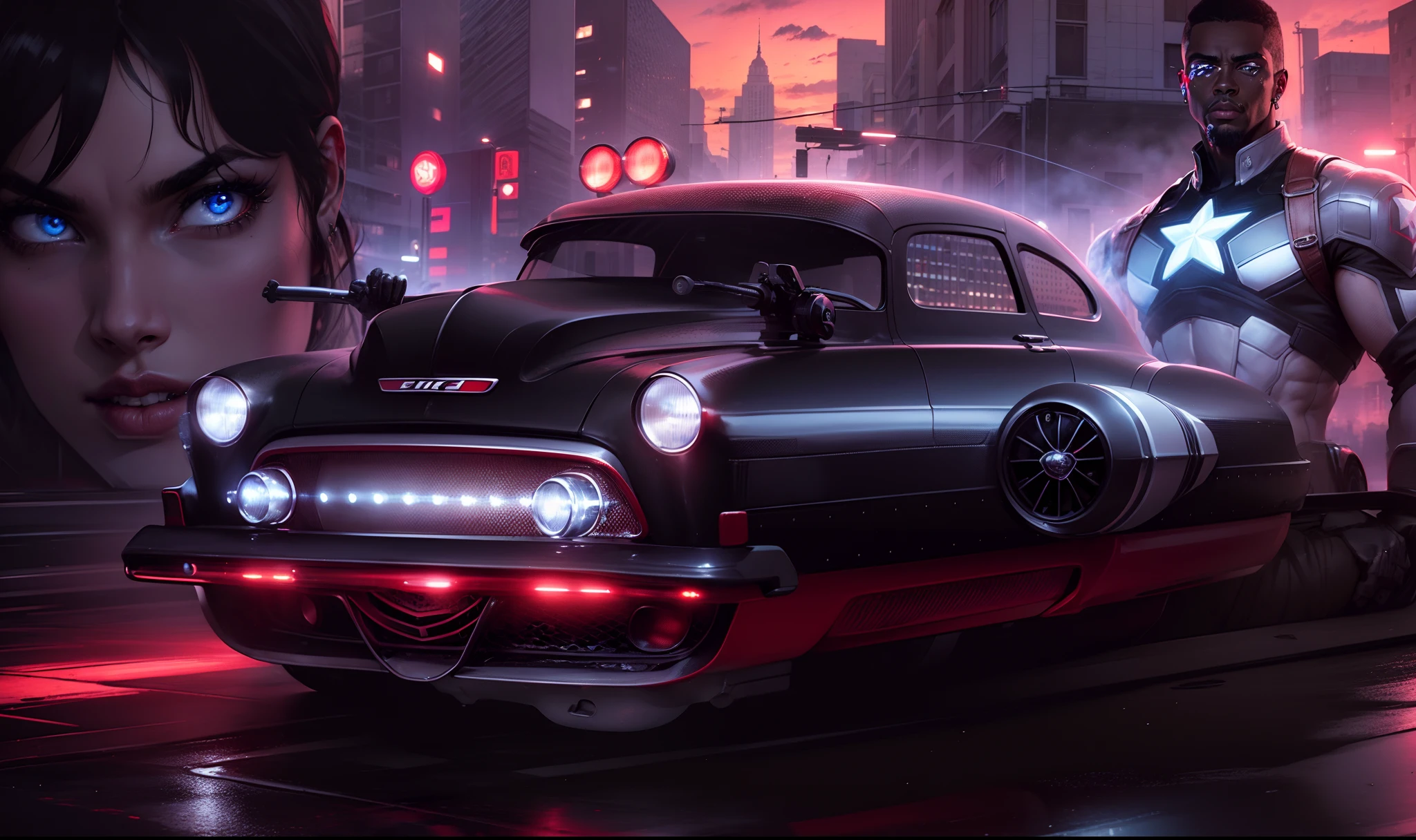 Um carro hover (((Preto Brilhante))) Chevy 50 potente no primeiro plano, behind there is a beautiful woman with blue eyes and red lips and on the other side the white Captain America of Eurasia and buildings in the background with the sunset and neon lights