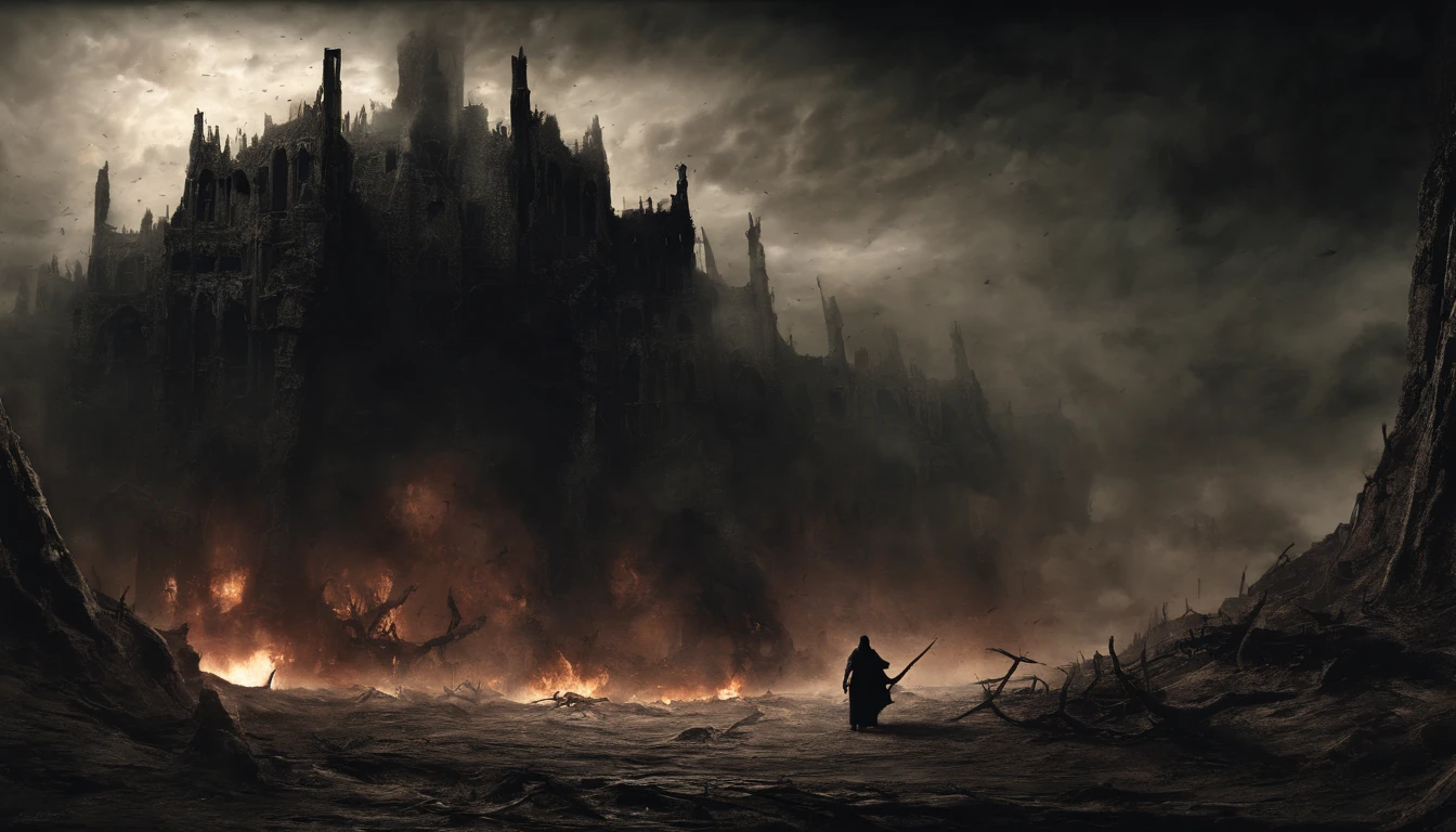 (best quality,4k,8k,highres,masterpiece:1.2),ultra-detailed,(realistic,photorealistic,photo-realistic:1.37),dark apocalypse,endless destruction,ominous atmosphere,devastated landscapes,ruined civilizations,post-apocalyptic wasteland,breathtaking chaos,ominous silence,rays of dying sunlight,distant howling winds,shadowy figures emerging from the ashes,terrifying creatures lurking in the darkness,hauntingly beautiful ruins,crumbling architecture,colossal statues twisted and broken,ominous storm clouds gathering,powerful bolts of lightning illuminating the darkness,distorted bodies of the damned,shadows of the antichrist spreading,red-hot flames engulfing the world,infernal landscapes,ominous caves with ancient inscriptions,naked figures writhing in torment,devilish temptations,fiery eyes of the devil,emerging from the depths of the abyss,moonlit desert drowned in darkness,dunes of shifting sand,eroded rocks carved by time,powerful sandstorms consuming all in their path,caravan struggling to traverse the harsh terrain,desolation and loneliness,stark beauty amidst chaos,nightmarish visions dancing in the flames,warm glow of fire lamps in the darkness,mesmerizing dance of flames,cave paintings depicting creatures of nightmare,eternal battle between light and darkness,eerily beautiful mixture of fire and night,dramatic contrast between light and shadow,whispering winds carrying tales of ancient times.