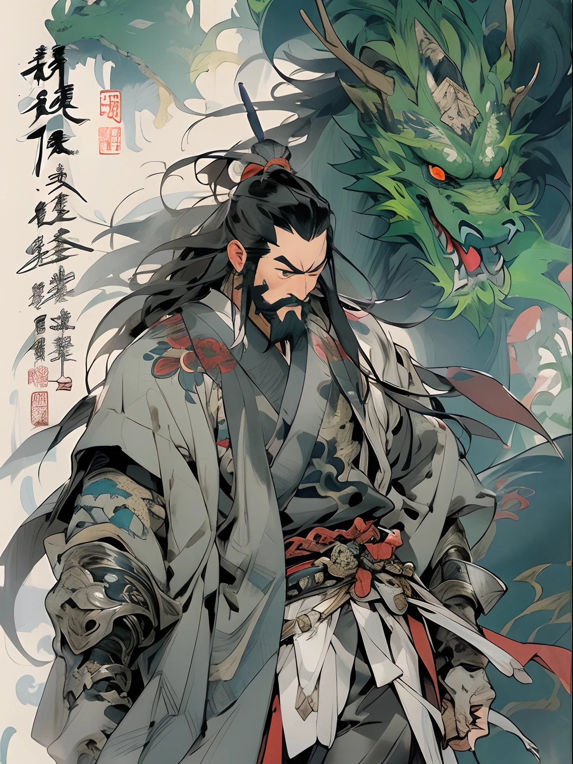 (((China-style，Ink painting method，Half-length portrait，Intense color，Han dynasty, China，Hanfu，Armor，Guan yu，Guan Yunchang，of a guy，Ruddy killing square face，Hold the Blue Dragon Moon Knife in his right hand，Stroke your beard with your left hand，Long hair，petty eyes，Green robe))), (((best qualityer))), (((tmasterpiece))), (((AS-Adult))), ((( Japanese ))), Look up from your knees, Handsome Asian samurai，perfect body figure, Modern samurai, ((( Asian))), Wear gloves on your hands，The left arm is made of steel and metal tips，Made of protective devices, The eyes are pulled, (( Appears below the chest )), (( Small dental floss )), Simon Bisley, Almost naked（Simon Bisley）Castle City Wilderness，For high-resolution posters, hair straight, Minimum clothing, armure (Crazy clothes ), Full of tips and rivets, tribal tattoos, (((full bodyesbian))), Straight brunette hair，Colored hair ends