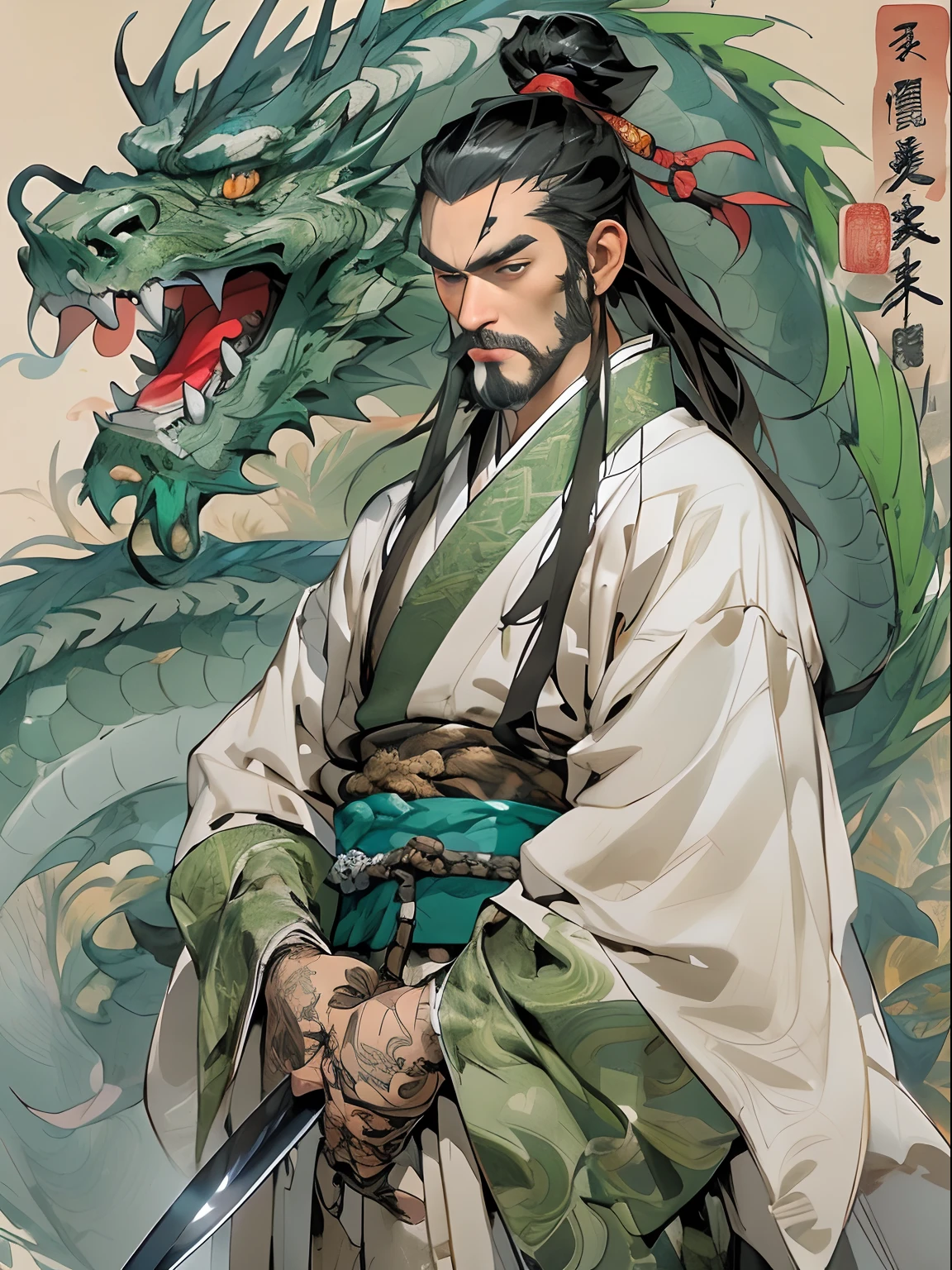 (((China-style,Ink painting method,Half-length portrait,Intense color,Han dynasty, China,Hanfu,Armor,Guan yu,Guan Yunchang,of a guy,Ruddy killing square face,Hold the Blue Dragon Moon Knife in his right hand,Stroke your beard with your left hand,Long hair,petty eyes,Green robe))), (((best qualityer))), (((tmasterpiece))), (((AS-Adult))), ((( Japanese ))), Look up from your knees, Handsome Asian samurai,perfect body figure, Modern samurai, ((( Asian))), Wear gloves on your hands,The left arm is made of steel and metal tips,Made of protective devices, The eyes are pulled, (( Appears below the chest )), (( Small dental floss )), Simon Bisley, Almost naked(Simon Bisley)Castle City Wilderness,For high-resolution posters, hair straight, Minimum clothing, armure (Crazy clothes ), Full of tips and rivets, tribal tattoos, (((full bodyesbian))), Straight brunette hair,Colored hair ends