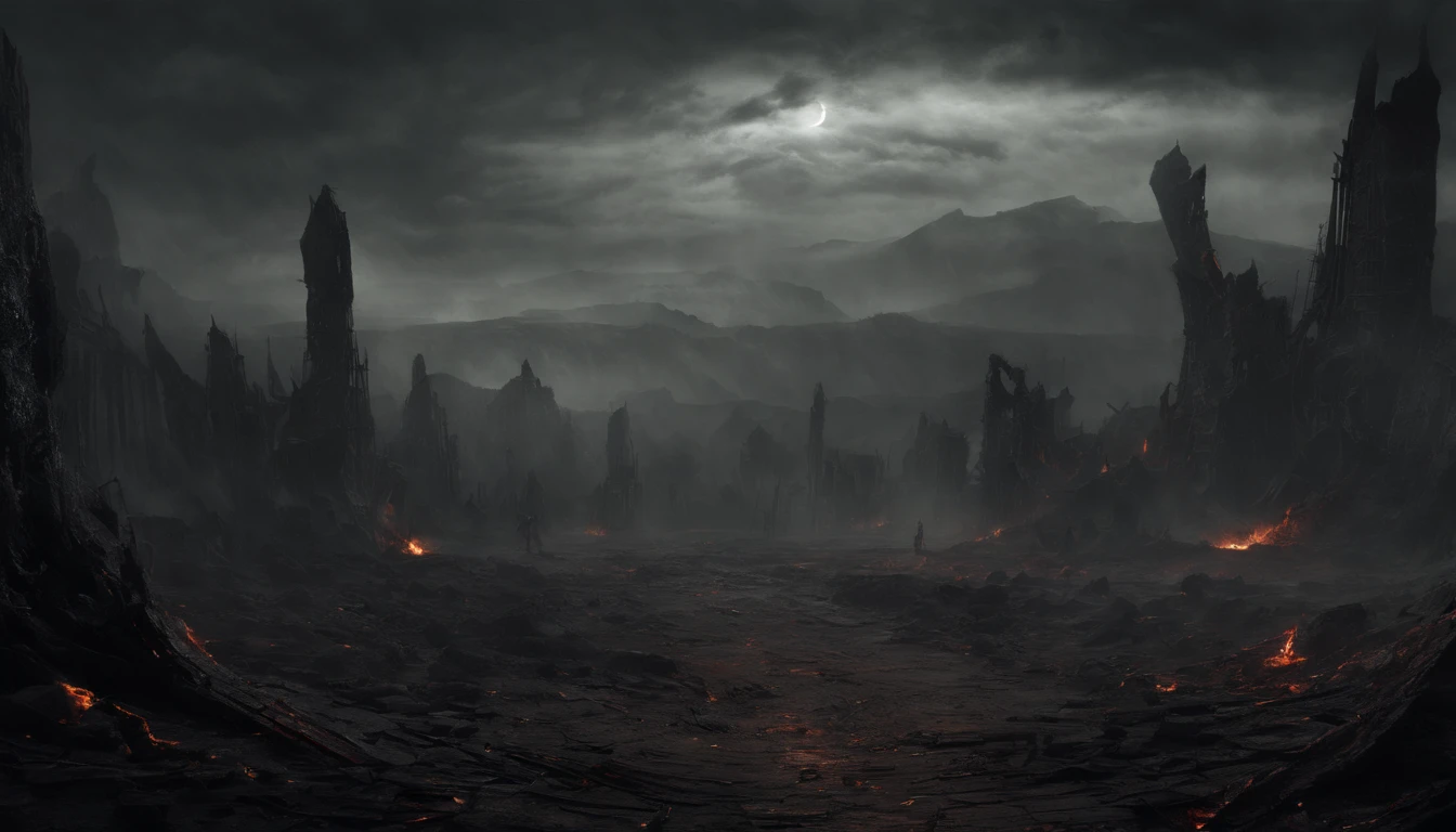 (best quality,4k,8k,highres,masterpiece:1.2),ultra-detailed,(realistic,photorealistic,photo-realistic:1.37),dark apocalypse,endless destruction,ominous atmosphere,devastated landscapes,ruined civilizations,post-apocalyptic wasteland,breathtaking chaos,ominous silence,rays of dying sunlight,distant howling winds,shadowy figures emerging from the ashes,terrifying creatures lurking in the darkness,hauntingly beautiful ruins,crumbling architecture,colossal statues twisted and broken,ominous storm clouds gathering,powerful bolts of lightning illuminating the darkness,distorted bodies of the damned,shadows of the antichrist spreading,red-hot flames engulfing the world,infernal landscapes,ominous caves with ancient inscriptions,naked figures writhing in torment,devilish temptations,fiery eyes of the devil,emerging from the depths of the abyss,moonlit desert drowned in darkness,dunes of shifting sand,eroded rocks carved by time,powerful sandstorms consuming all in their path,caravan struggling to traverse the harsh terrain,desolation and loneliness,stark beauty amidst chaos,nightmarish visions dancing in the flames,warm glow of fire lamps in the darkness,mesmerizing dance of flames,cave paintings depicting creatures of nightmare,eternal battle between light and darkness,eerily beautiful mixture of fire and night,dramatic contrast between light and shadow,whispering winds carrying tales of ancient times.