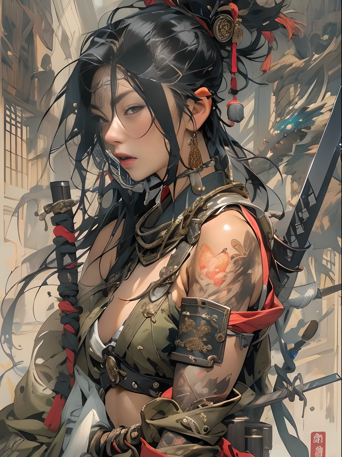 (((woman))), (((best qualityer))), (((tmasterpiece))), (((AS-Adult))), ((( Japanese ))), Look up from your knees, A beautiful asian samurai woman with perfect body, Modern samurai, ((( Asian))), Wear gloves on your hands，The left arm is made of steel and metal tips，Made of protective devices, The eyes are pulled, (( Appears below the breast )), (( Small dental floss )), Simon Bisley, Almost naked（Simon Bisley）Castle City Wilderness，For high-resolution posters, hair straight, Minimum clothing, armure (Crazy clothes ), Full of tips and rivets, tribal tattoos, (((full bodyesbian))), Straight brunette hair，Colored hair ends