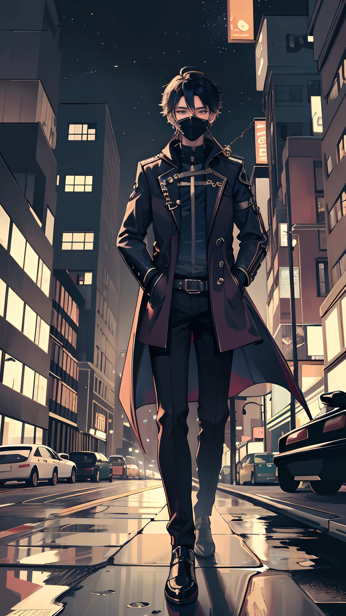 1boys,night city,Sateen,Large coat,Put your hands in your pockets,Wearing a mask