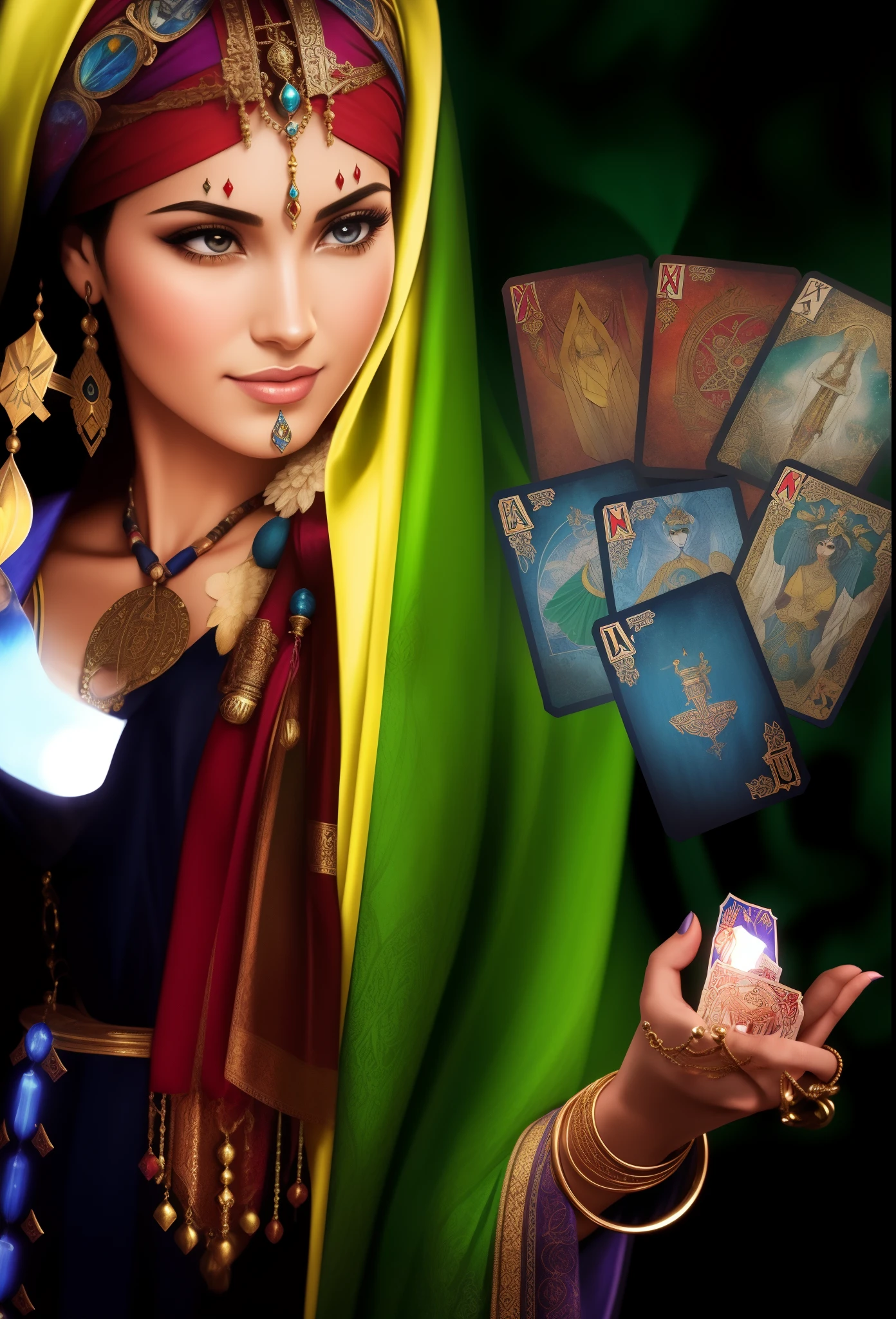 Cinematic hyperrealistic image of a gorgeous woman, the most gorgeous in the Arafed universe, in a colorful headscarf, holding a fan and cards., tarot cards characters, tarot card enviroment, tarot cards!!, Tarot cards, Arte do Tarot, tarot style, Tarot card art, adivinho, Fae Sacerdotisa, tarot design, as a tarot card, arcane tarot, The Empress's Tarot Card, The Oracle of Ancient Wisdom
