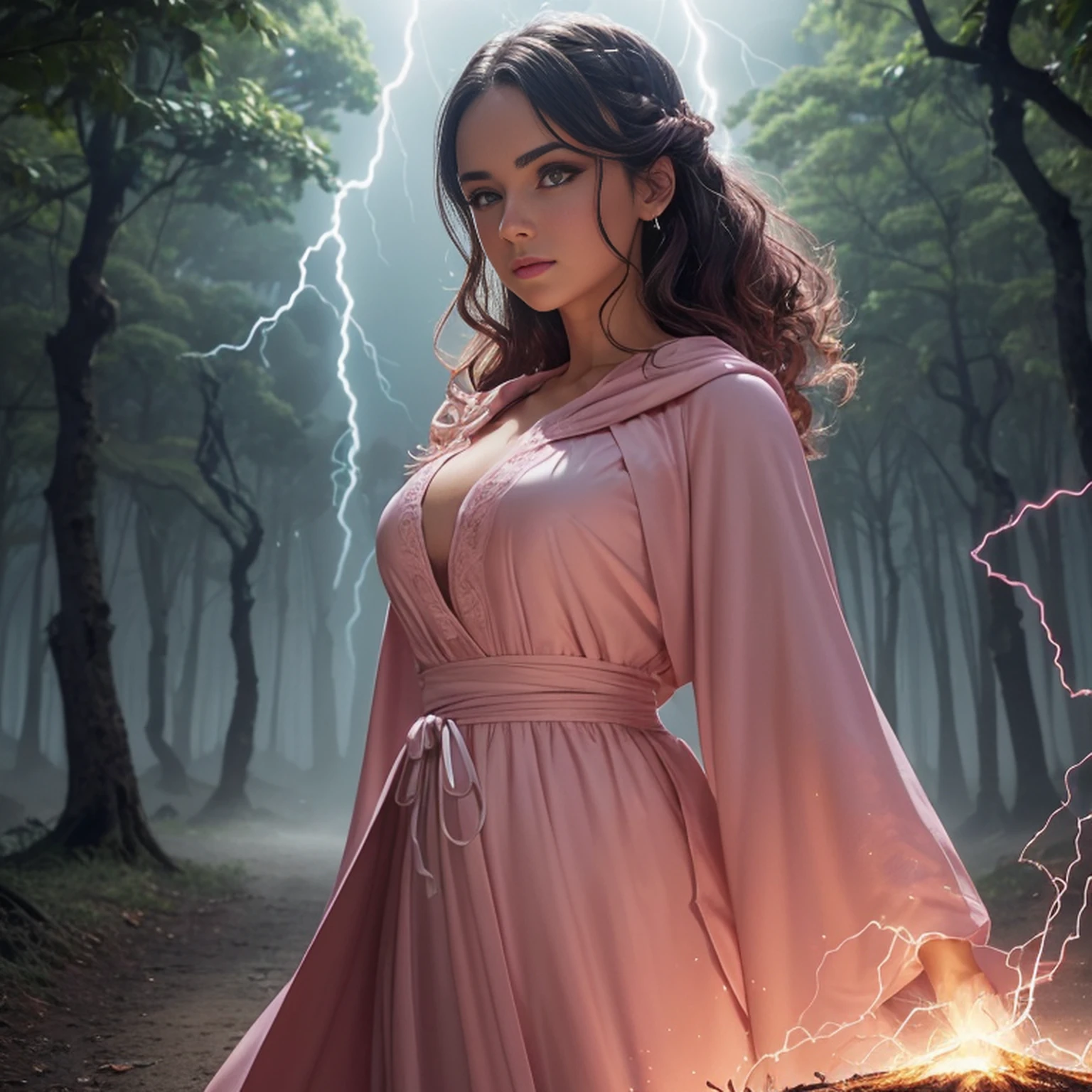 A woman in a light pink dress standing in a cherry forest, Artgerm, paisagem realista, Artgerm detalhado, olhos perfeitos, rosto perfeito, Ultra Detalhado, tiro de corpo inteiro, (Skindentation: 1.5), realista, realista, (obra-prima: 1.5), arte conceitual, detalhes intrincados, altamente detalhado, realista, octane rendering, 8K, motor irreal, dinamic pose, melhor qualidade, alta resolução, (rosto realista: 1.1), (hiper-realismo: 1.1) , ((full_body)), olhos perfeitos, (pele brilhante: 1.2), ((penteado))), ((perfect hands))), (fundo muito detalhado), ((dynamic background), ((lightning), (lightning), ((1girl)), Vestindo um manto, (((Manto de fluxo))), ((Olhos detalhados, Olhos de alta qualidade, Rosto de alta qualidade)), vestido rosa claro extremamente complexos, magical robes), casting lightning, eletricidade, spinning flame, radiation, spark, smoke, magia, (dramatic), epic, campo de batalha, profundidade de campo, bokeh, 4k, gotica, cinzas, particules.