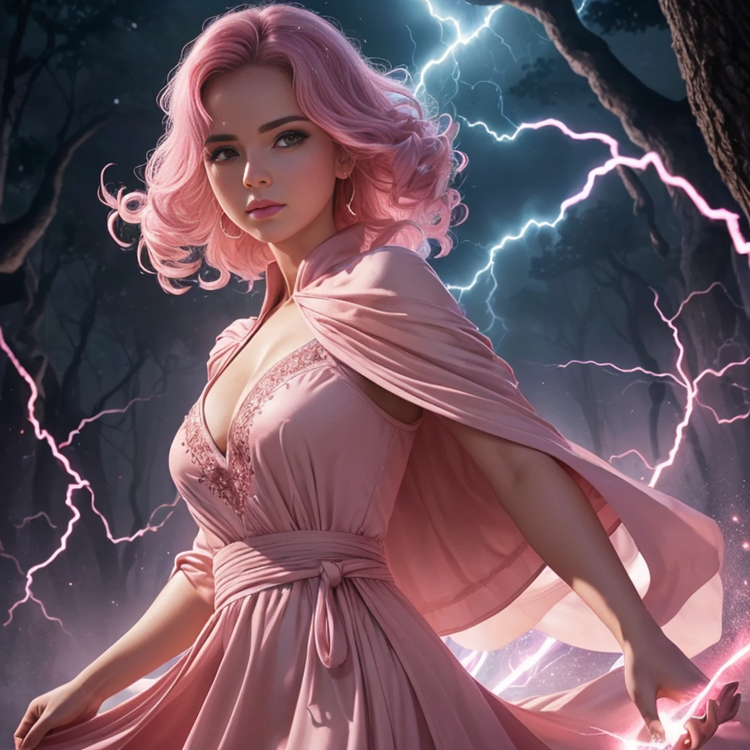A woman in a light pink dress standing in a cherry forest, Artgerm, paisagem realista, Artgerm detalhado, olhos perfeitos, rosto perfeito, Ultra Detalhado, tiro de corpo inteiro, (Skindentation: 1.5), realista, realista, (obra-prima: 1.5), arte conceitual, detalhes intrincados, altamente detalhado, realista, octane rendering, 8K, motor irreal, dinamic pose, melhor qualidade, alta resolução, (rosto realista: 1.1), (hiper-realismo: 1.1) , ((full_body)), olhos perfeitos, (pele brilhante: 1.2), ((penteado))), ((perfect hands))), (fundo muito detalhado), ((dynamic background), ((lightning), (lightning), ((1girl)), Vestindo um manto, (((Manto de fluxo))), ((Olhos detalhados, Olhos de alta qualidade, Rosto de alta qualidade)), vestido rosa claro extremamente complexos, magical robes), casting lightning, eletricidade, spinning flame, radiation, spark, smoke, magia, (dramatic), epic, campo de batalha, profundidade de campo, bokeh, 4k, gotica, cinzas, particules.