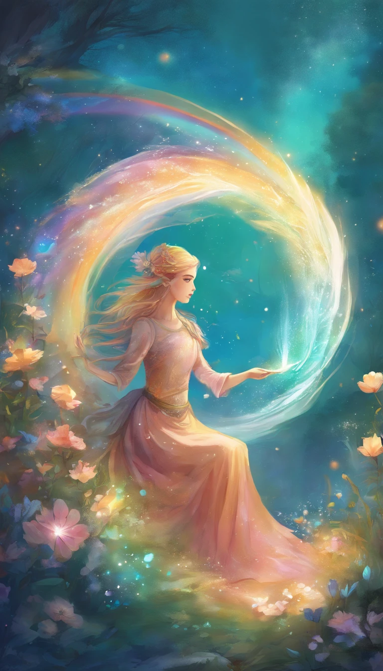 (Best quality, Masterpiece), 1girll, Reading a book, Particle, Wind, flower, Upper body, Simple background, view the viewer, rainbow colour hair, Teal flowing skirt, cosmic, Starcloud, milky ways