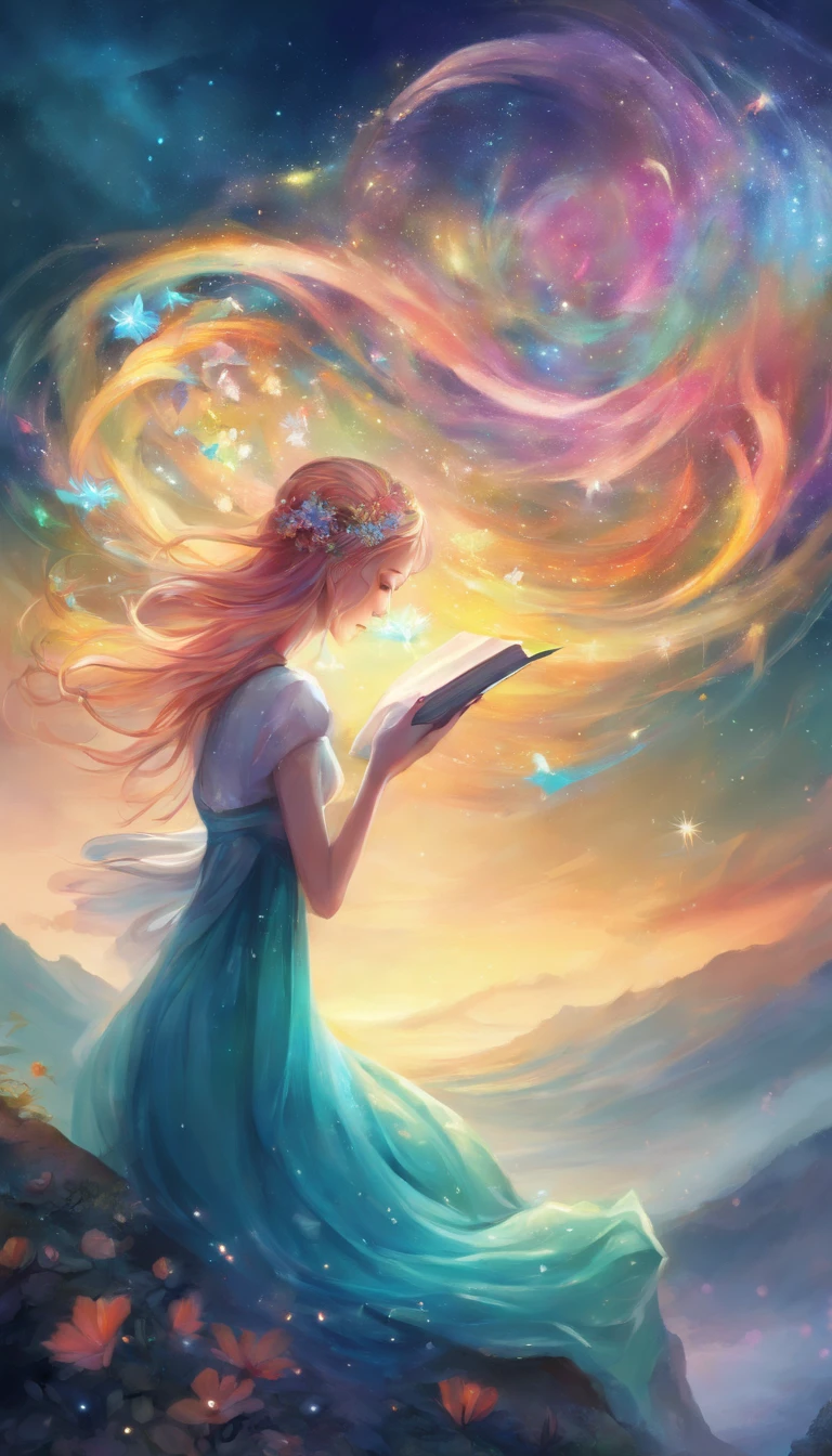 (Best quality, Masterpiece), 1girll, Reading a book, Particle, Wind, flower, Upper body, Simple background, view the viewer, rainbow colour hair, Teal flowing skirt, cosmic, Starcloud, milky ways