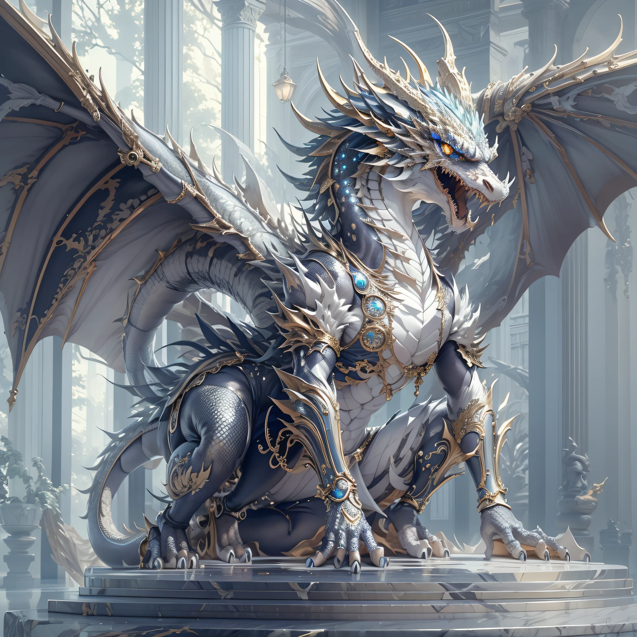 [Silver Dragon] [glittery], [Precise, Thin edges], [Meticulous, Surgical precision]，sitting in The Iron Throne。