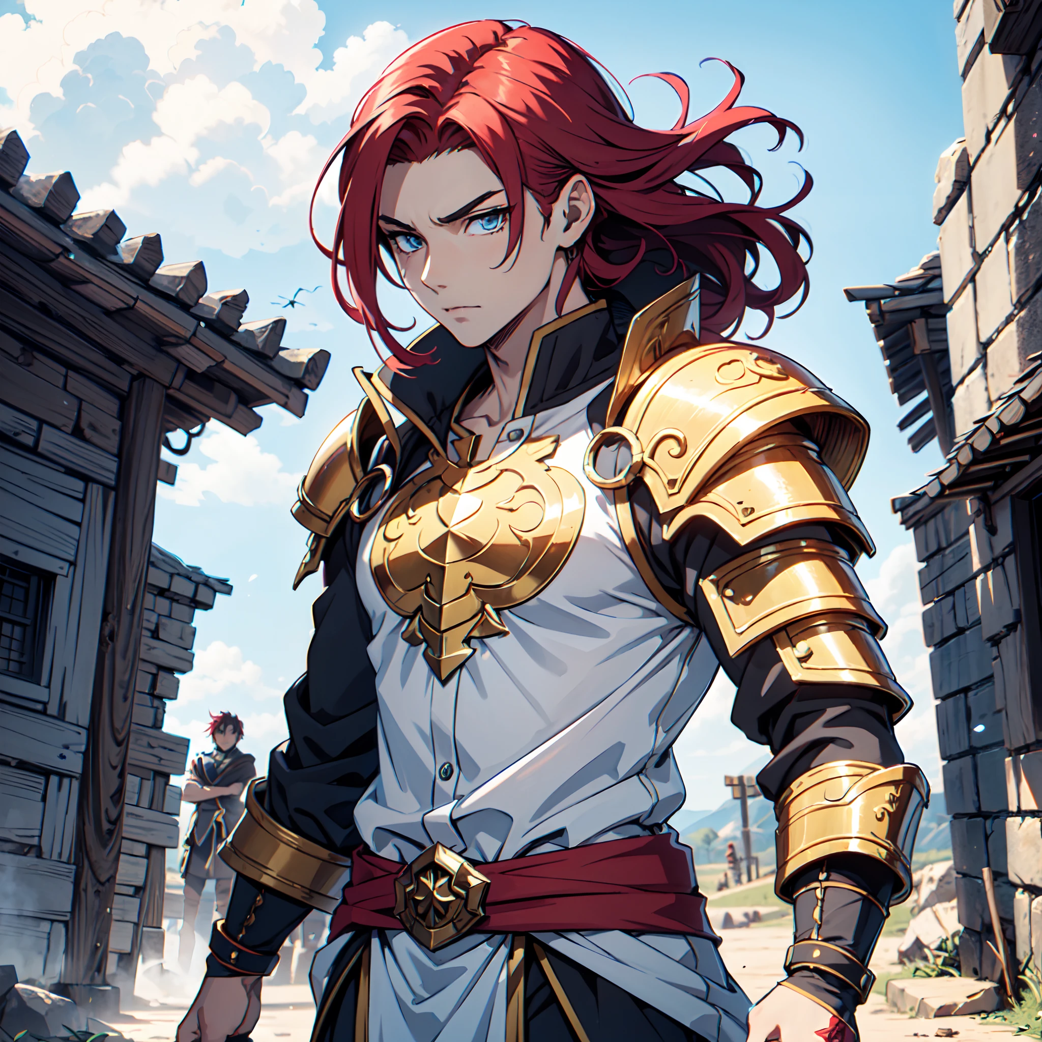 Ultra High Definition, Ultra High Quality, Extremely Detailed, Perfectly Detailed, Masterpiece, 8k, 1 Boy, Look A Like Xin From Kingdom Anime, Handsome, Equipped With Paladin Armor, Solid Light Blue Eyes, Long Red Hair, Body Shot, Ancient Kingdom Background