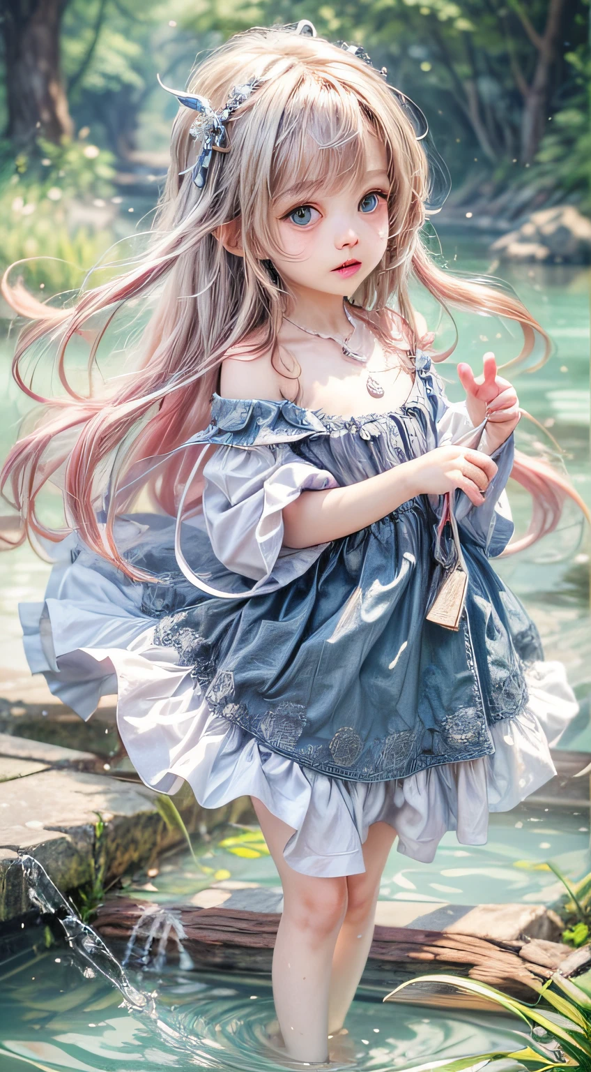 (enchanced quality：1.4),Top quality true texture skin), Delicate face, Masterpiece, Best quality,1girll,li,cute,The little gfted her skirt，Walk barefoot across streams,Make a splash,White and tender skin, Cute, kawaii,Solo,white off shoulder dress clothes, Red hair accessories, necklace, Magic Gems, A masterpiece, Ultra detailed, absurderes, an award winning photograph,Dynamic lighting, Faraway view,The art of fine details,epic art, Exquisite composition, Dynamic composition,hyper HD, 16k