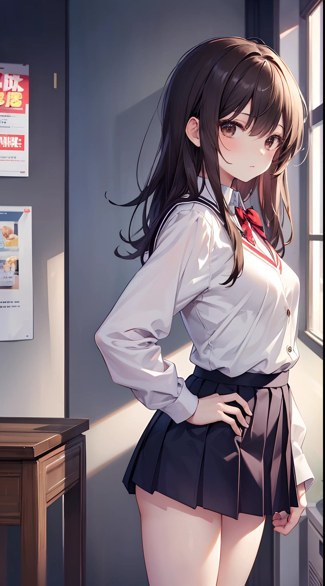 ​masterpiece, top-quality, hight resolution, KR1, brown-eyed, bluntbangs, kibito high school uniform, skirt by the, Sweaters, pleatedskirt, sockes, small tits, Slouched, put hands on the hip,Beautiful and perfect legs, Clean and perfect hands