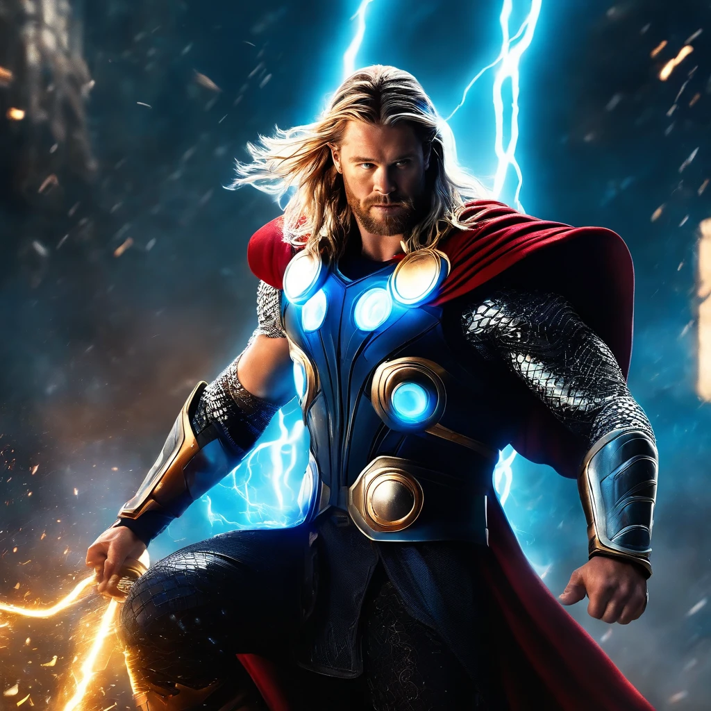 gloomy portrait of God Thor from Marvel, extremely detailed, futuristic cityscape, nighttime, glowing neon lights, smoke, sparks, metal shavings, flying debris, blue energy effects, volumetric light