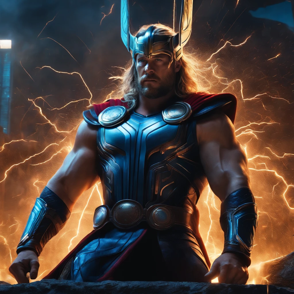 gloomy portrait of God Thor from Marvel, extremely detailed, futuristic cityscape, nighttime, glowing neon lights, smoke, sparks, metal shavings, flying debris, blue energy effects, volumetric light