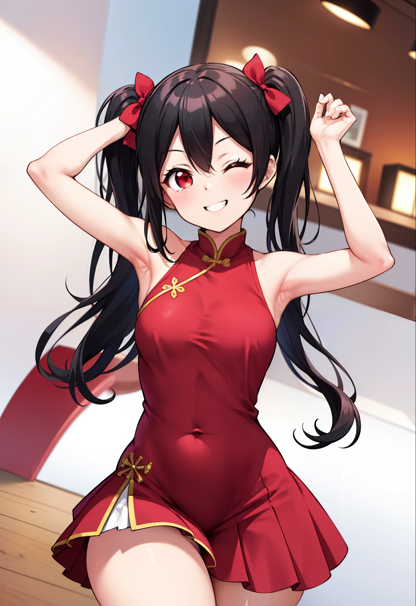 Yazawa nico, twintails,red eyes, Chinese dress,red face,blunt hair,curvy body, standing, exposed armpits, smile,one eye closed , exposed thighs