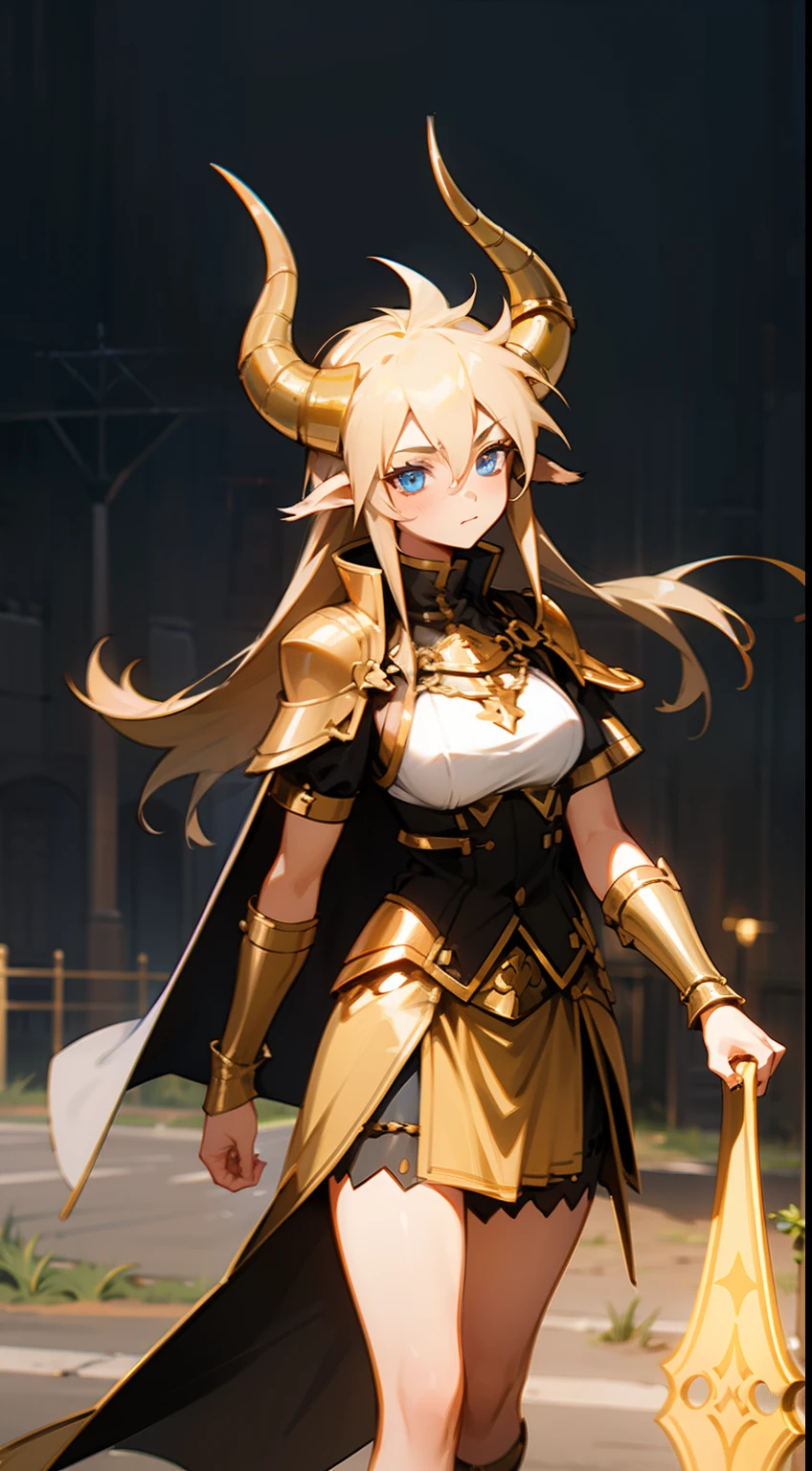 1girl,20s,cow horns,long hair,solo,templar golden knight outfit,knight, golden long chainmail skirt,road,neutral face,road,medium thighs,blue eyes