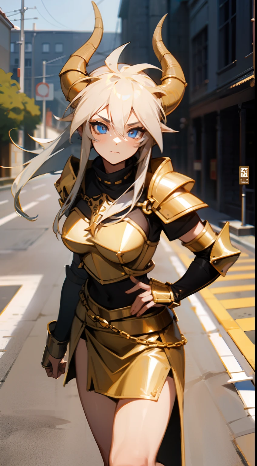 1girl,20s,cow horns,long hair,solo,templar golden knight outfit,knight, golden long chainmail skirt,road,neutral face,road,medium thighs,blue eyes