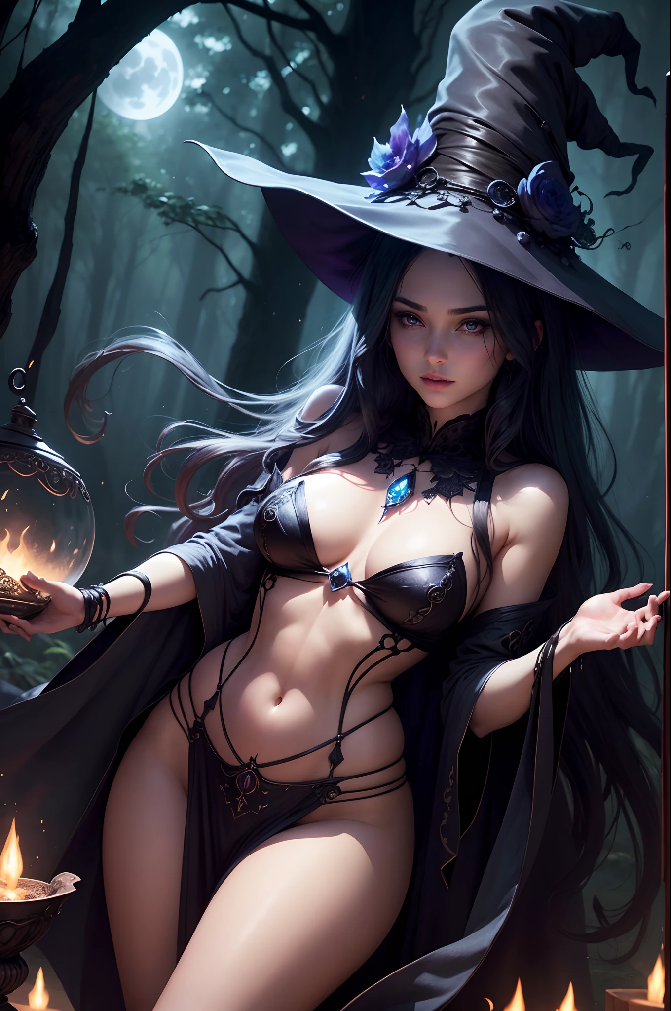 (a beautiful witch,half-naked:1.1,sexy,enticing),portraits,fantasy,dark and moody,sharp focus (best quality,highres),vivid colors,glowing eyes,flowing hair,smoky background,spellbook,witch hat,cauldron,enchanted forest,flying broomstick,full lips,erotic but tasteful,provocative pose,intense gaze,magical aura,witchcraft,alluring charm,moonlit sky,unleashing powers,meticulous details,impeccable craftsmanship,subtle curves and shadows,seductive touch