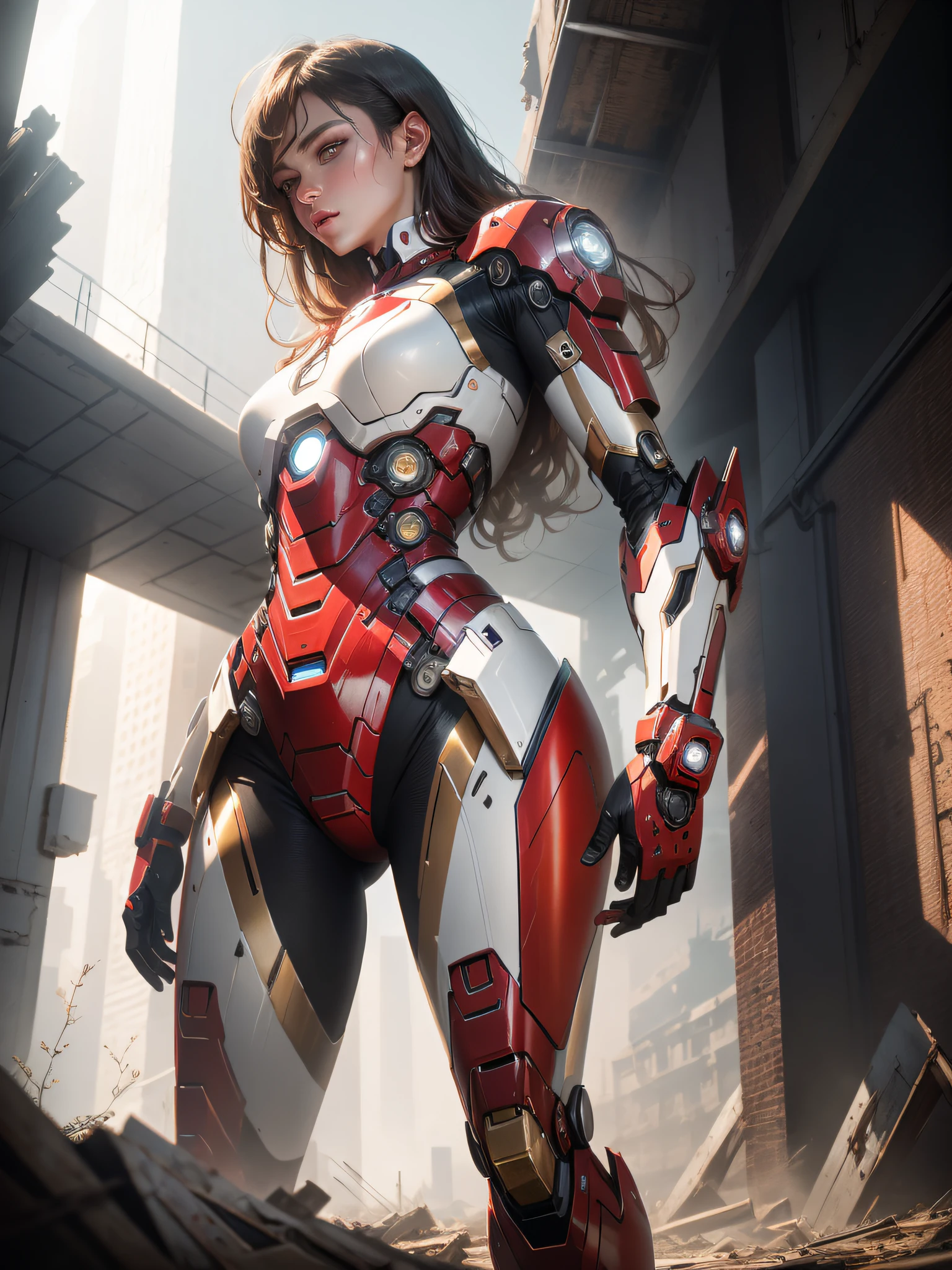 RAW, Masterpiece, Ultra Fine Photo,, Best Quality, Ultra High Resolution, Photorealistic, Sunlight, Full Body Portrait, Stunningly Beautiful,, Dynamic Poses, Delicate Face, Vibrant Eyes, (Side View) , she is wearing a futuristic Iron Man mech, red and gold color scheme, highly detailed abandoned warehouse background, detailed face, detailed and complex busy background, messy, gorgeous, milky white, high detailed skin, realistic skin details, visible pores , sharp focus, volumetric fog, 8k uhd, dslr camera, high quality, film grain, fair skin, photorealism, lomography, sprawling metropolis in futuristic dystopia, view from below, translucent