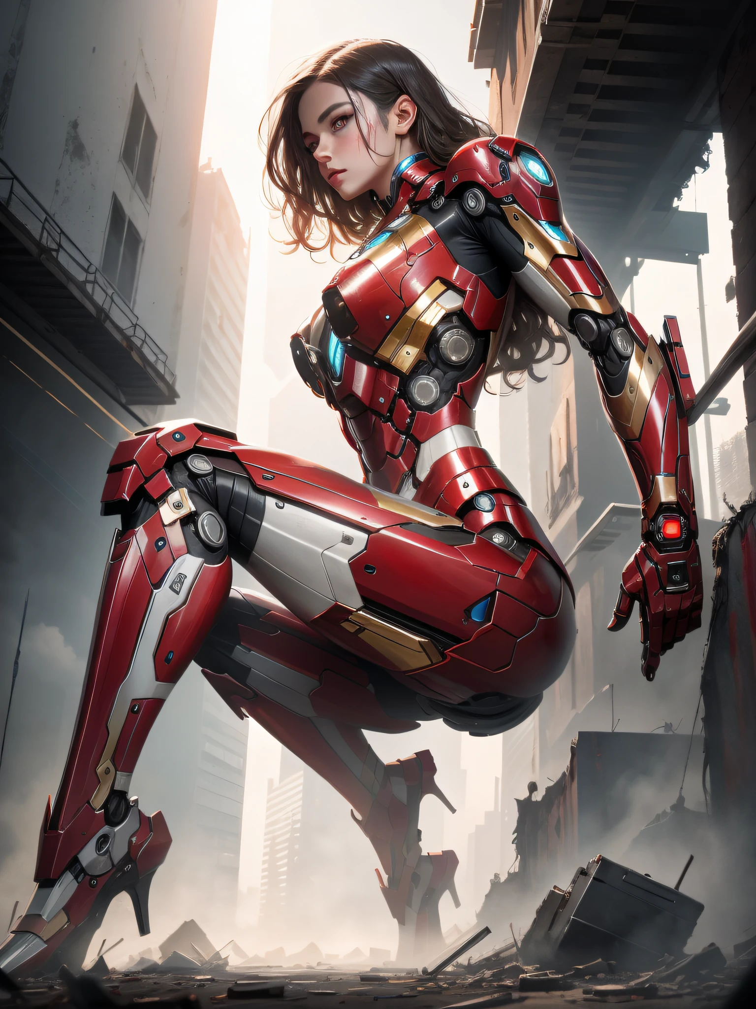 RAW, Masterpiece, Ultra Fine Photo,, Best Quality, Ultra High Resolution, Photorealistic, Sunlight, Full Body Portrait, Stunningly Beautiful,, Dynamic Poses, Delicate Face, Vibrant Eyes, (Side View) , she is wearing a futuristic Iron Man mech, red and gold color scheme, highly detailed abandoned warehouse background, detailed face, detailed and complex busy background, messy, gorgeous, milky white, high detailed skin, realistic skin details, visible pores , sharp focus, volumetric fog, 8k uhd, dslr camera, high quality, film grain, fair skin, photorealism, lomography, sprawling metropolis in futuristic dystopia, view from below, translucent