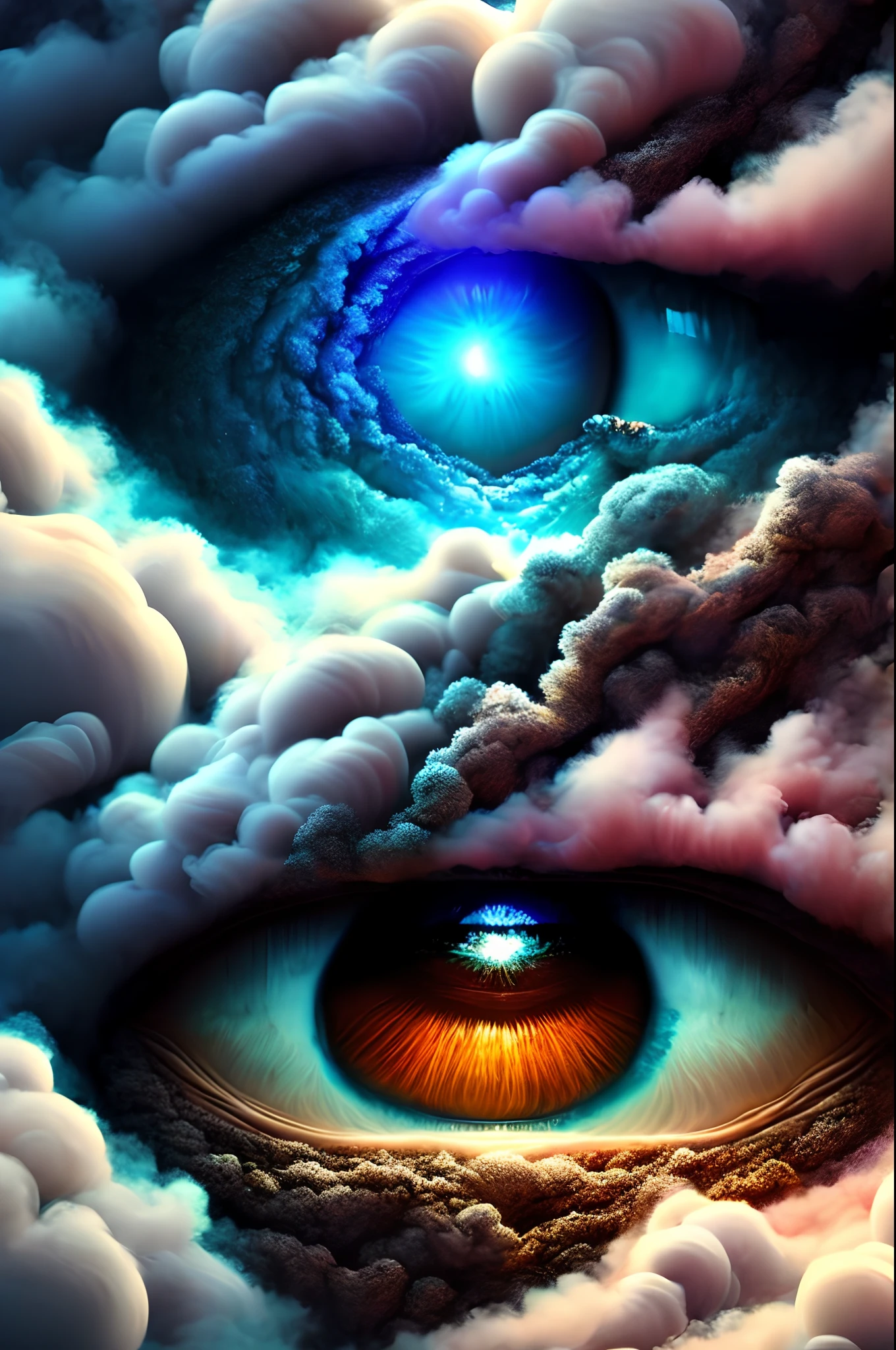 eye in the middle of a cloud of volcano smoke, Volcano erupting with eye on top, tons de azul, arte digital inspirada em Cyril Rolando, surrealismo, Portrait of a giant eye in the smoke of a volcano, mystic eye, nuvem de fumo com um olho, surrealismo