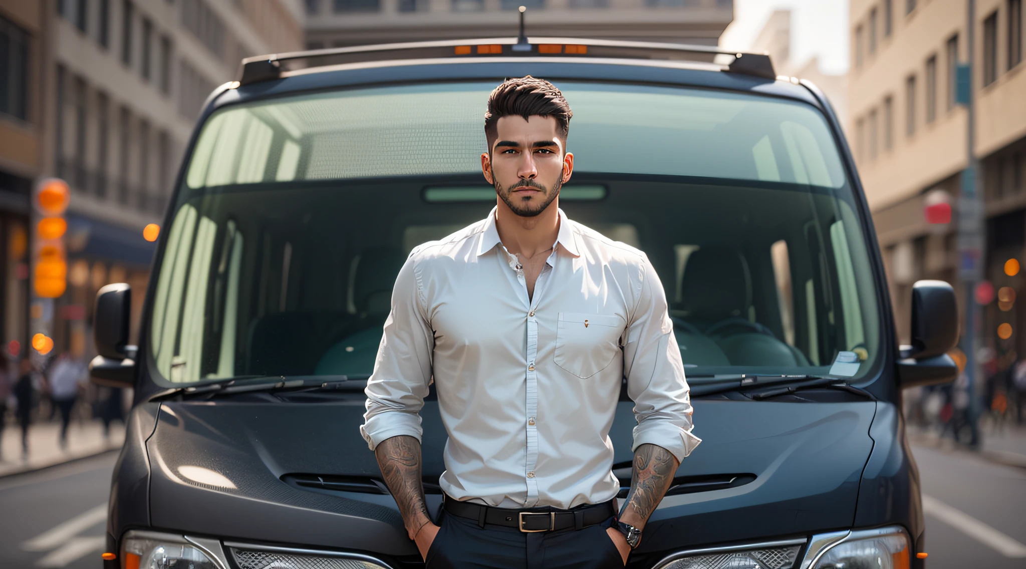 Create an image of a 30-year-old Latin men car driver on a city street from Lisbon who exudes confidence. Image must be in 8K UHD resolution, photo inside off the van from driver site taken with a Fujifilm XT3 camera. The men and the van should be perfect on highly detailed skin and her work clothing should have a film grain effect. The lighting should be soft and the overall style of the image should be dark and bold, [mercedes vito]