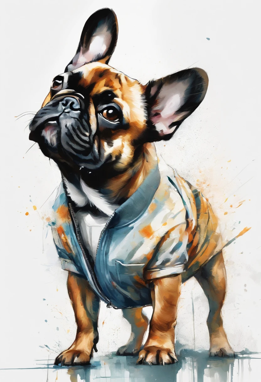Perfect centering, Cute French Bulldog, Wear a student team jacket, Wearing sunglasses, Wearing headphones, cheerfulness, Standing position, Abstract beauty, Centered, Looking at the camera, Facing the camera, Approaching perfection, Dynamic, Highly detailed, Smooth, Sharp Focus, 8K, hight resolution, Illustration, art by carne griffiths and wadim kashin, White background