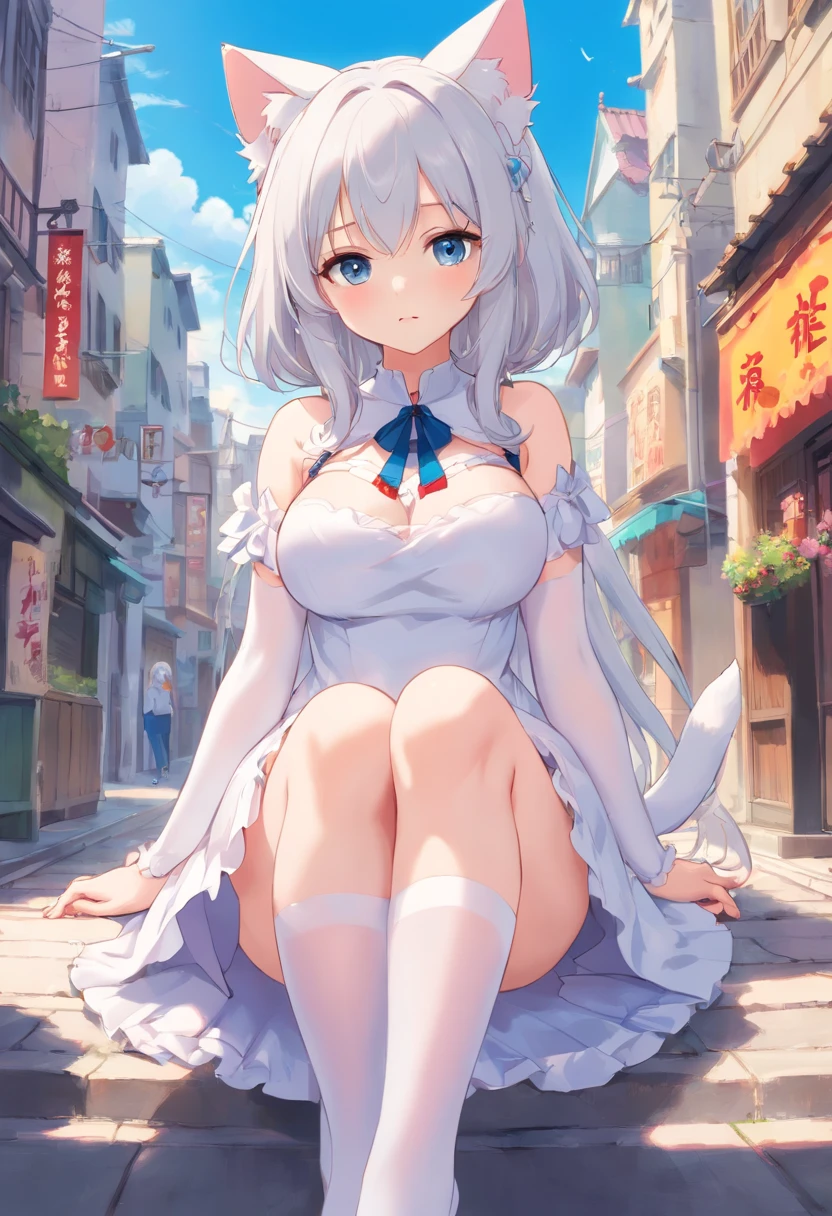 No shoes，Stand barefoot，Masterpiece，long whitr hair，，In the city，Full limbs，teens girl，The face is delicate，White color hair，Double ponytail curls，blue color eyes，White Lolita，Long-range shots，white stockings，There are cat ears on the head, white dresses， silber hair, cute anime waifu in a nice dress, White-haired god, gray-haired girl，with no underpants，Vacuum exposure，squating，spread their legs ，Masturbation，with no underpants，Revelation，legs separated， Lateral breast exposure， Chest exposure， Scratches， Vaginal opening， Revelation ，Vaginal opening， legs separated，Scratches，with no underpants，Revelation，The vaginal opening is exposed，Vaginal opening valgus，Scratches，Masturbation，masturbated，Incontinence，