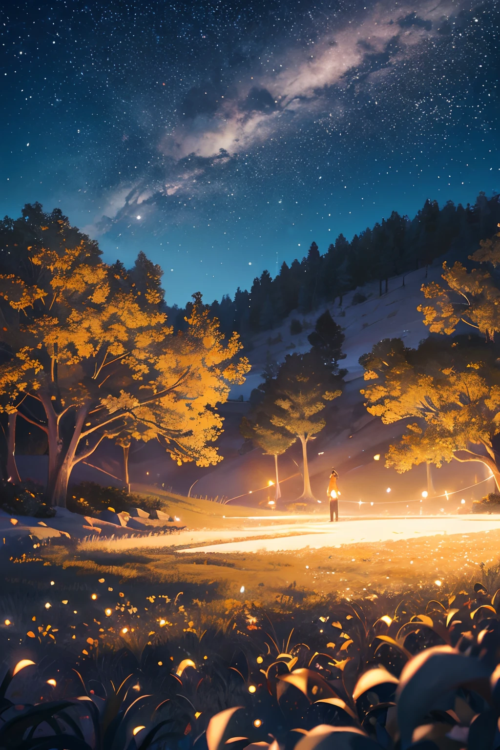 Create an illustration capturing the moment when sparklers descend gracefully like falling stars, radiating a sense of nostalgia and enchantment. The night sky serves as the backdrop, its deep, velvety expanse adorned with a scattering of twinkling stars. Each sparkler leaves a shimmering trail of light in its wake, illuminating the darkness with a warm, nostalgic glow. This scene evokes a feeling of wistful reminiscence and the timeless allure of summer nights, where simple joys become moments of magic.